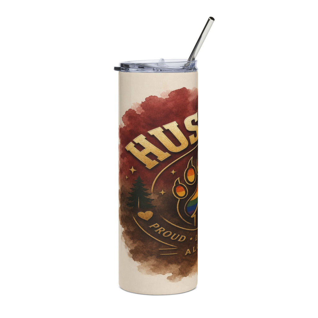 Tumbler with "Husband Proud Always" text, paw print, and rainbow heart.