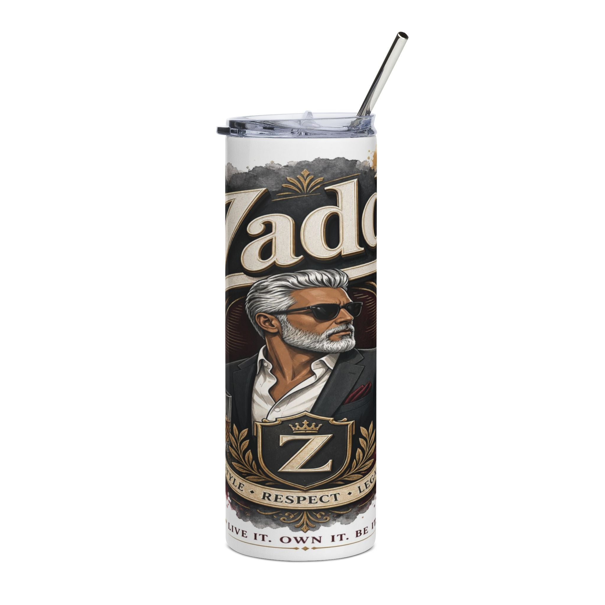 Tumbler with illustration of a man, the word "Yado", and text "Style Respect Legacy".