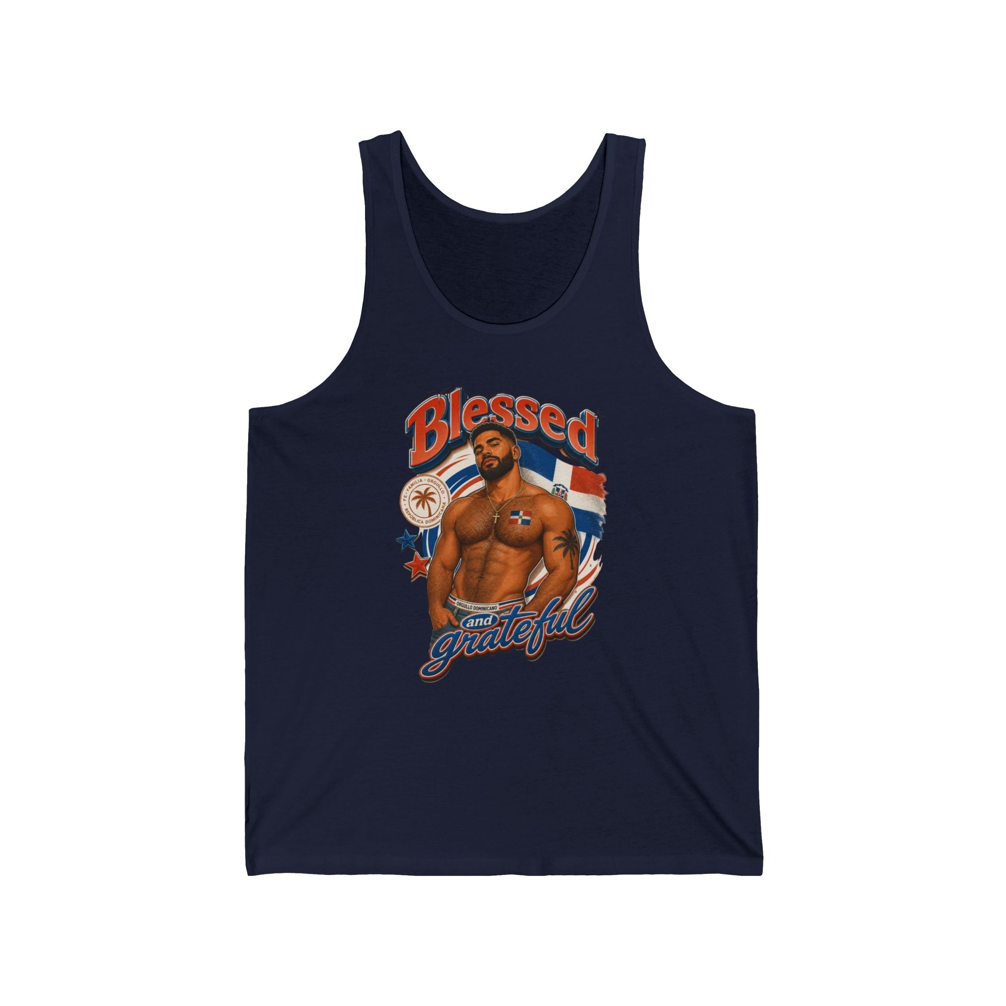 Navy tank top with a man, Dominican flag, palm tree, and text "Blessed and Grateful".