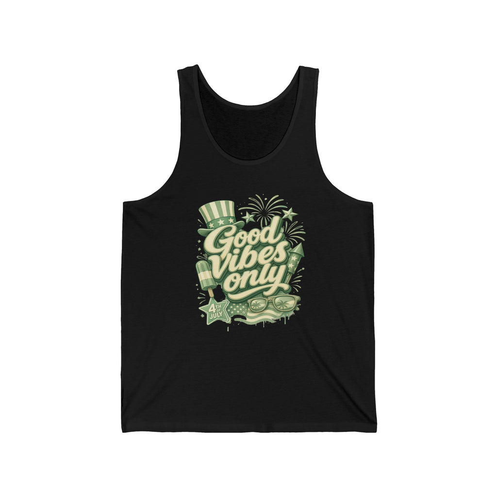 Black tank top with "Good Vibes Only" and 4th of July graphics.