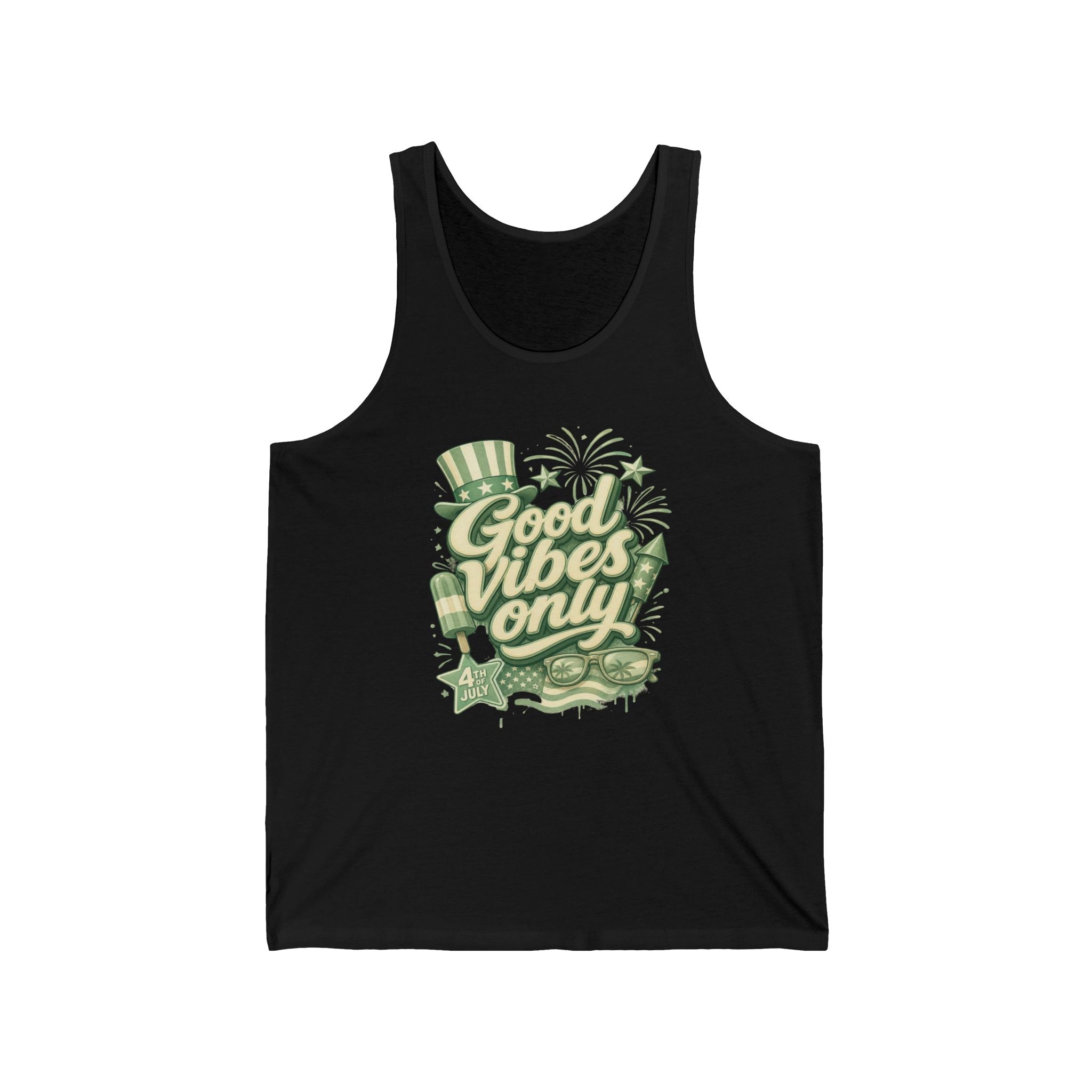 Black tank top with "Good Vibes Only" and 4th of July graphics.