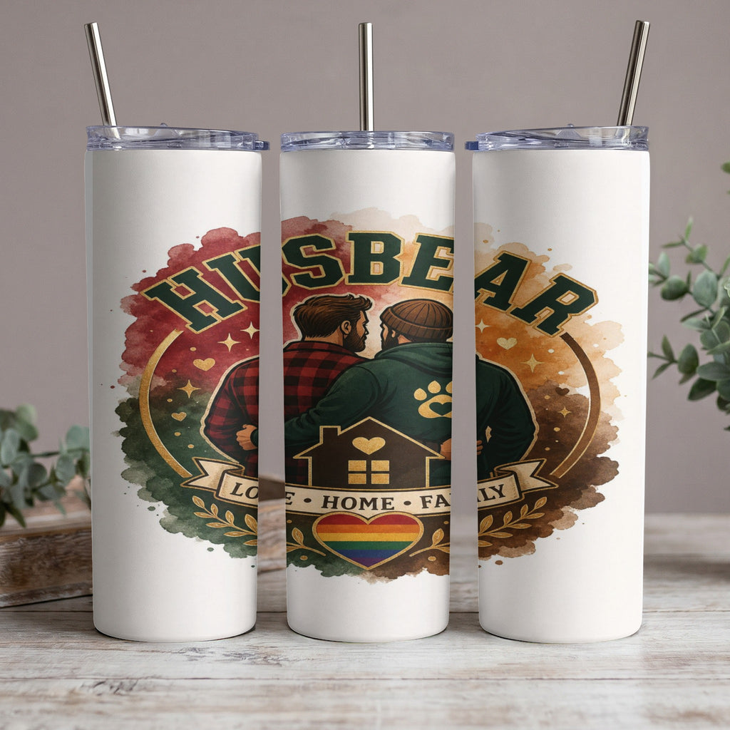 Tumblers featuring "Husbear" text, embracing couple, and rainbow heart.