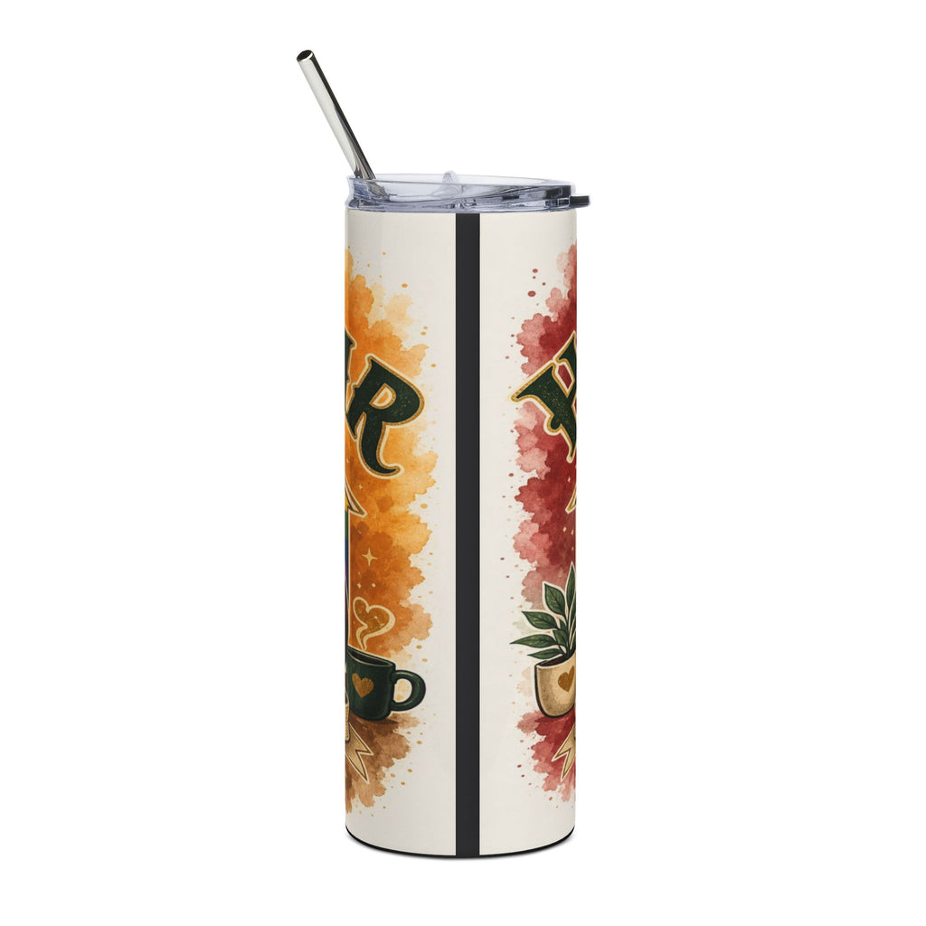Tumbler with "R" on orange background, and plant on red background.
