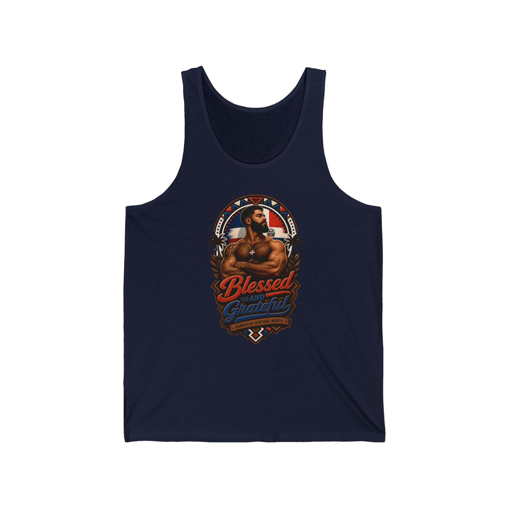 Tank top featuring a man with "Blessed and Grateful" text and Dominican flag.