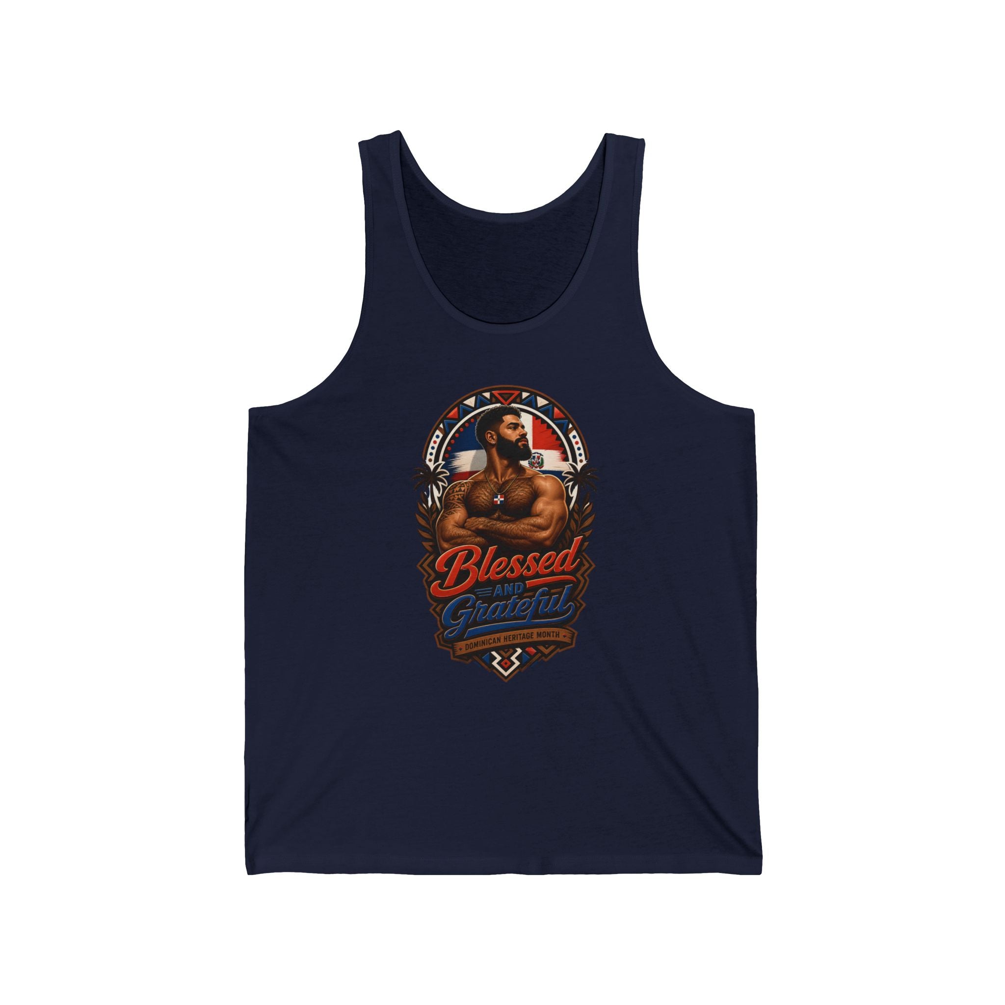 Tank top featuring a man with "Blessed and Grateful" text and Dominican flag.