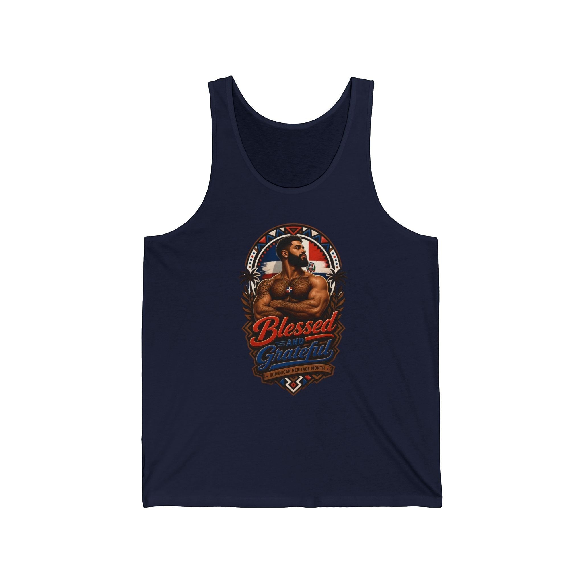 Tank top featuring a man with "Blessed and Grateful" text and Dominican flag.