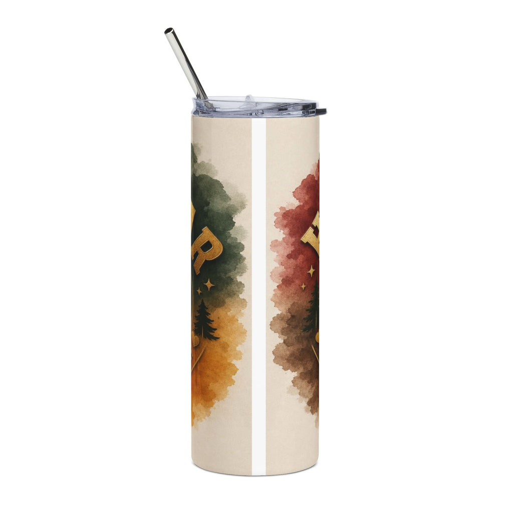 Tumbler with "Love" text, forest graphics, and a metallic straw.