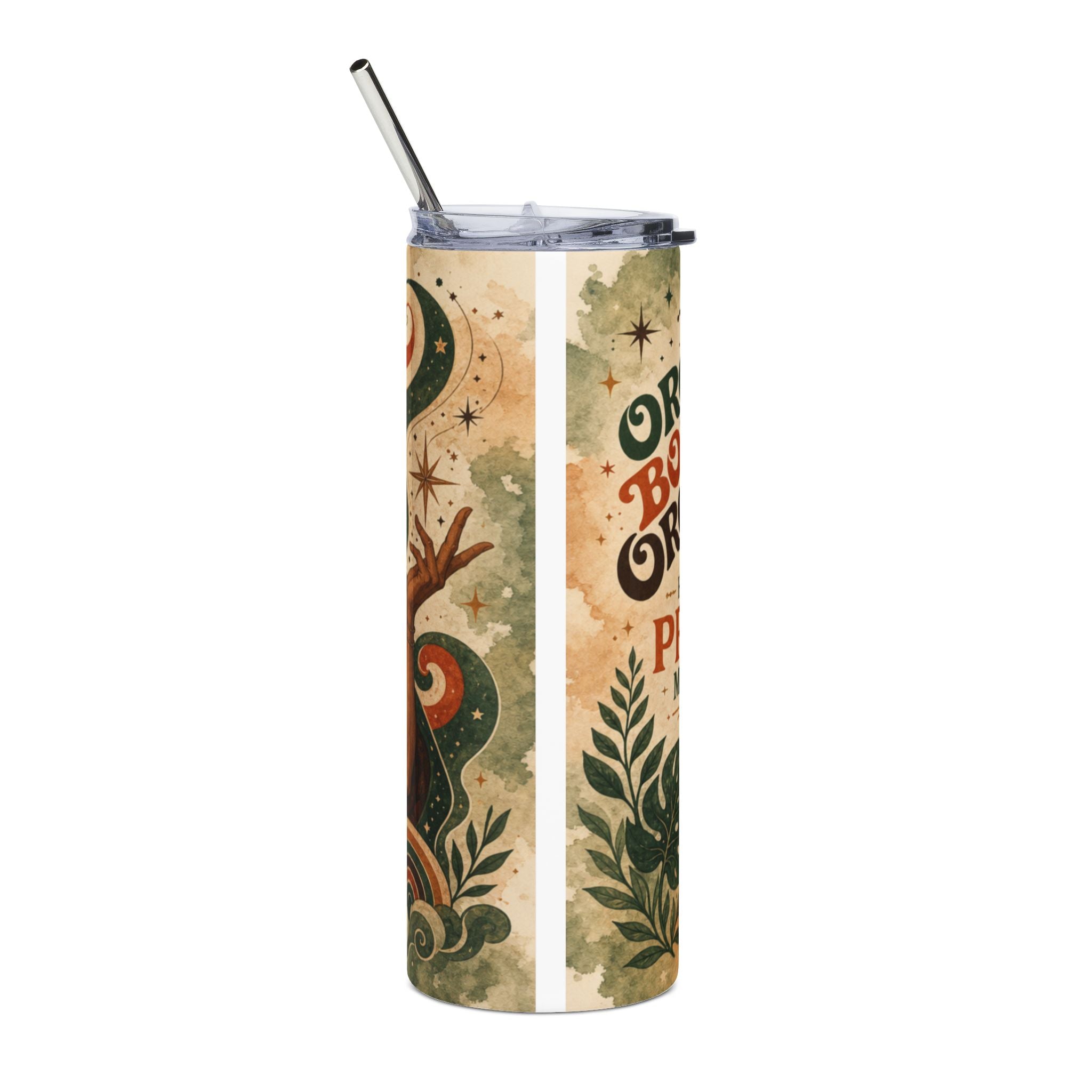 Tumbler with vintage-style celestial design and "Or be happy" text.