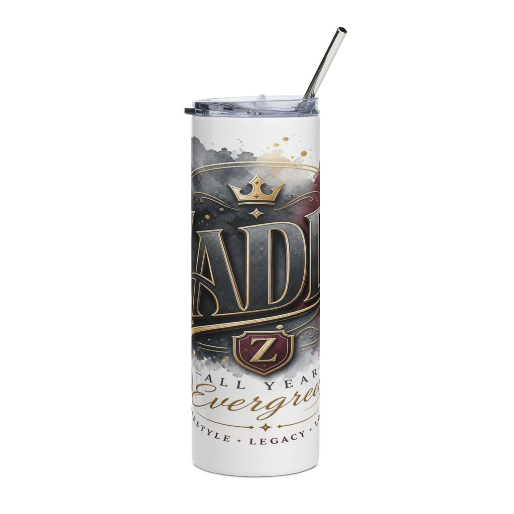 White tumbler with a metallic straw, featuring a dark grey and maroon design with a crown and the letters "ADI Z".