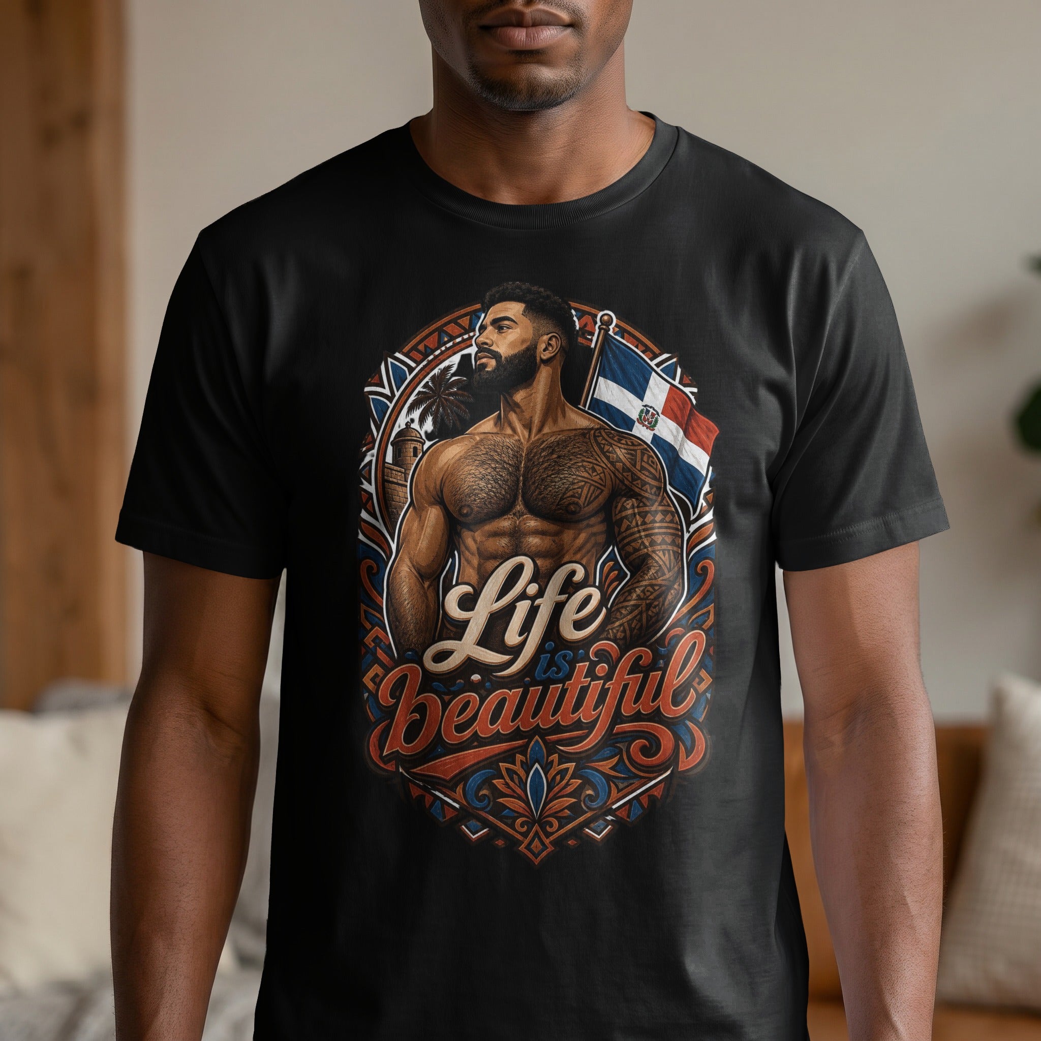 Man with tattoos, Dominican flag, and "Life is Beautiful" text on a t-shirt.