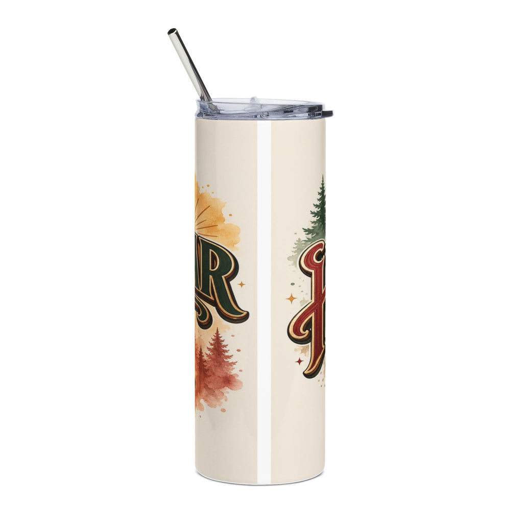 Cream tumbler with straw, featuring a large letter "R" and "H" with forest scenes.