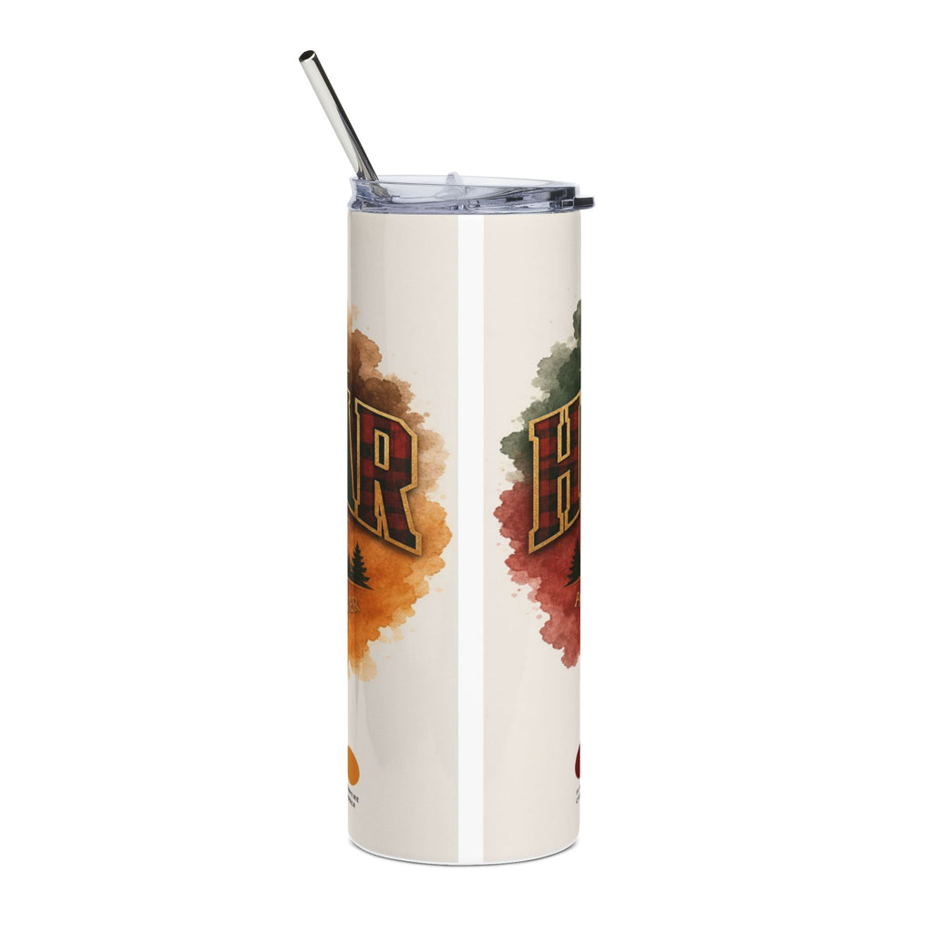 Tumbler with plaid "R" and "H" surrounded by watercolor autumn leaves and trees.