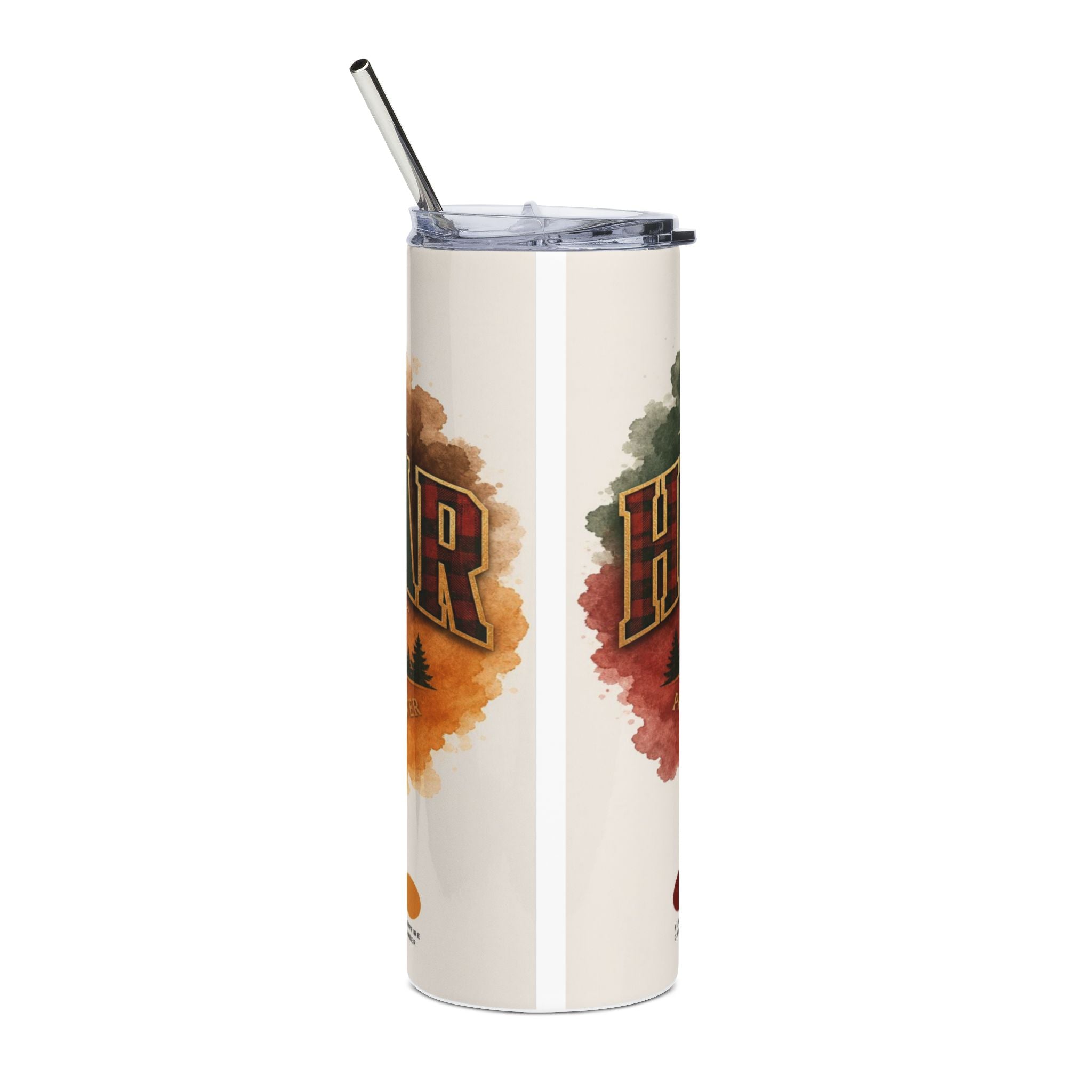 Tumbler with plaid "R" and "H" surrounded by watercolor autumn leaves and trees.