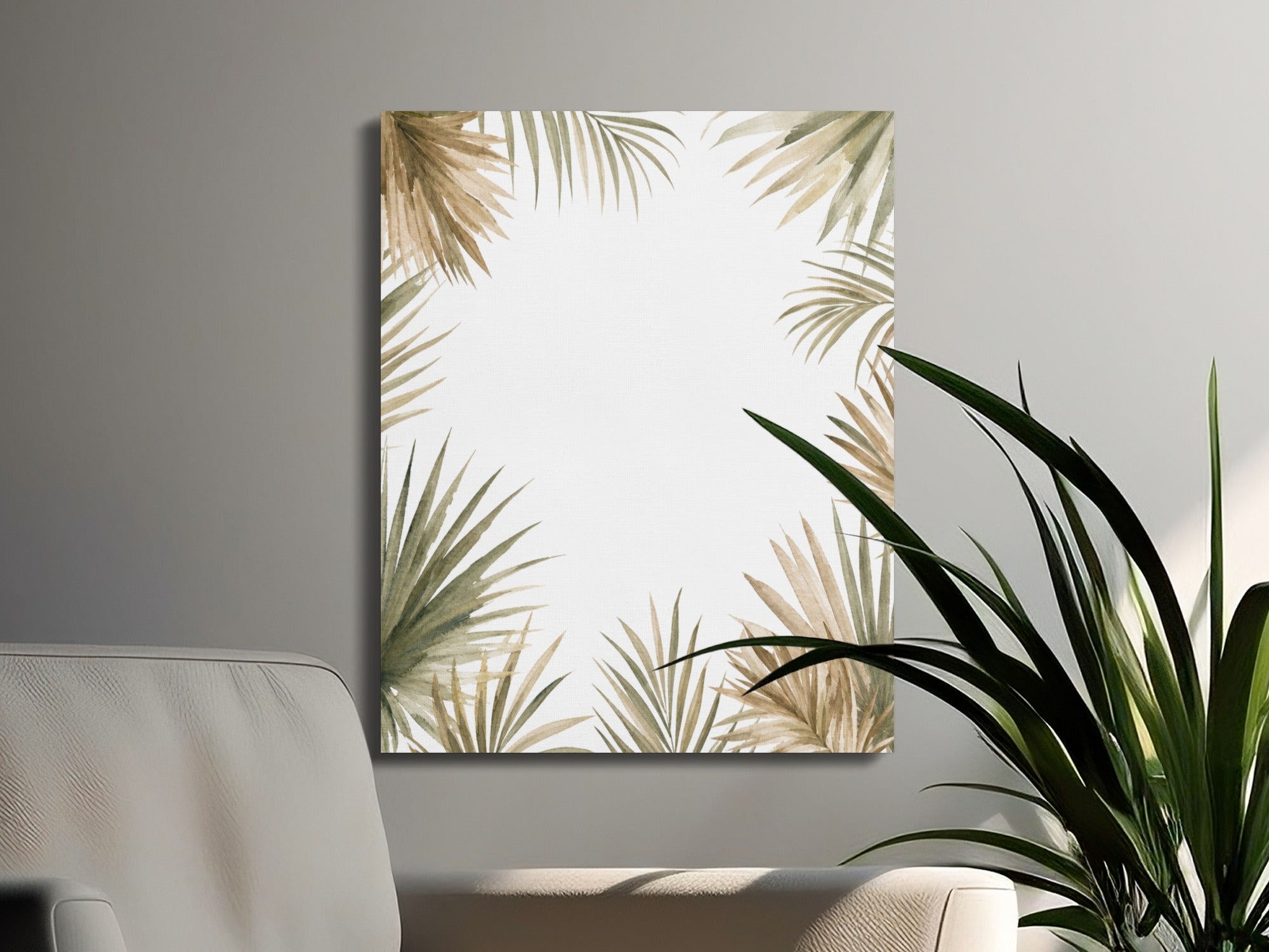 Watercolor-style palm leaves frame a blank white canvas mounted on a gray wall.