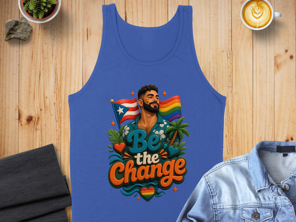 Blue tank top with Pride flag, shirtless man, palm trees, and "Be the Change" text.