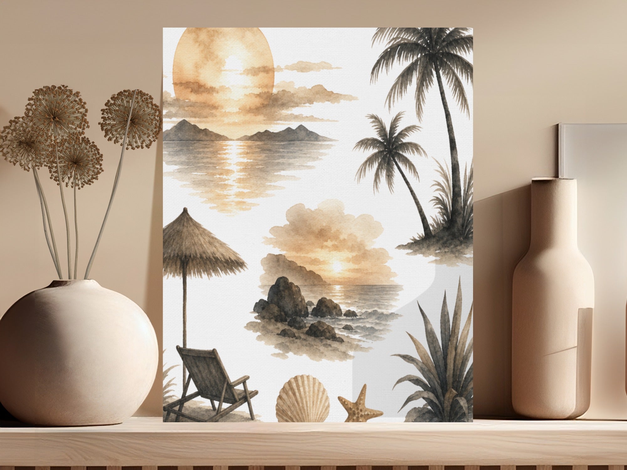 Watercolor print of a tropical beach sunset with palm trees, lounge chair, and beach elements.