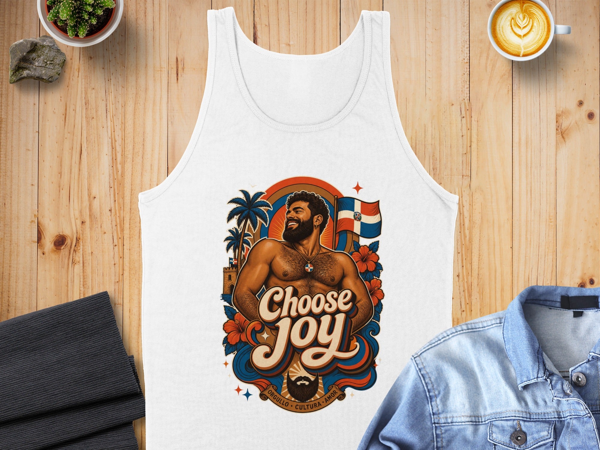 White tank top with "Choose Joy" text and a colorful graphic of a muscular man.