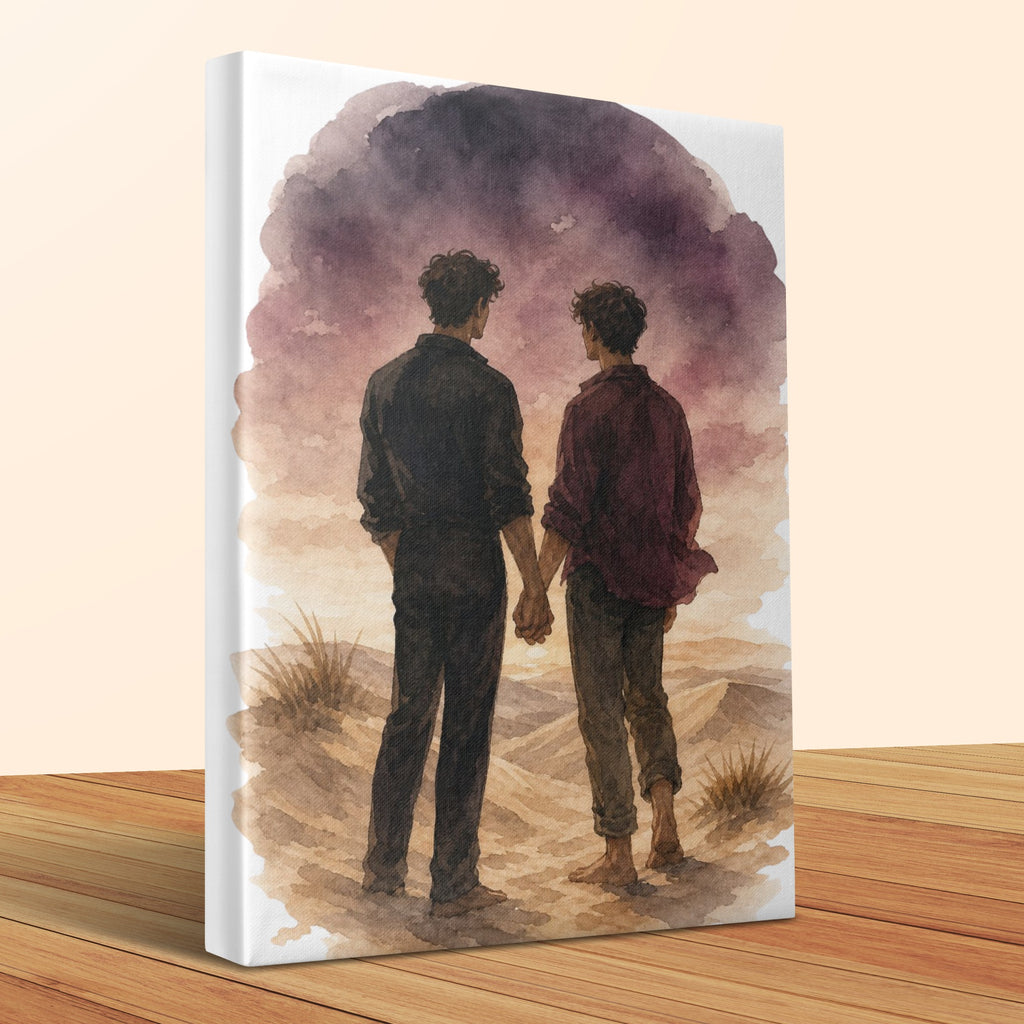 Two men holding hands in a desert landscape under a stormy sky.