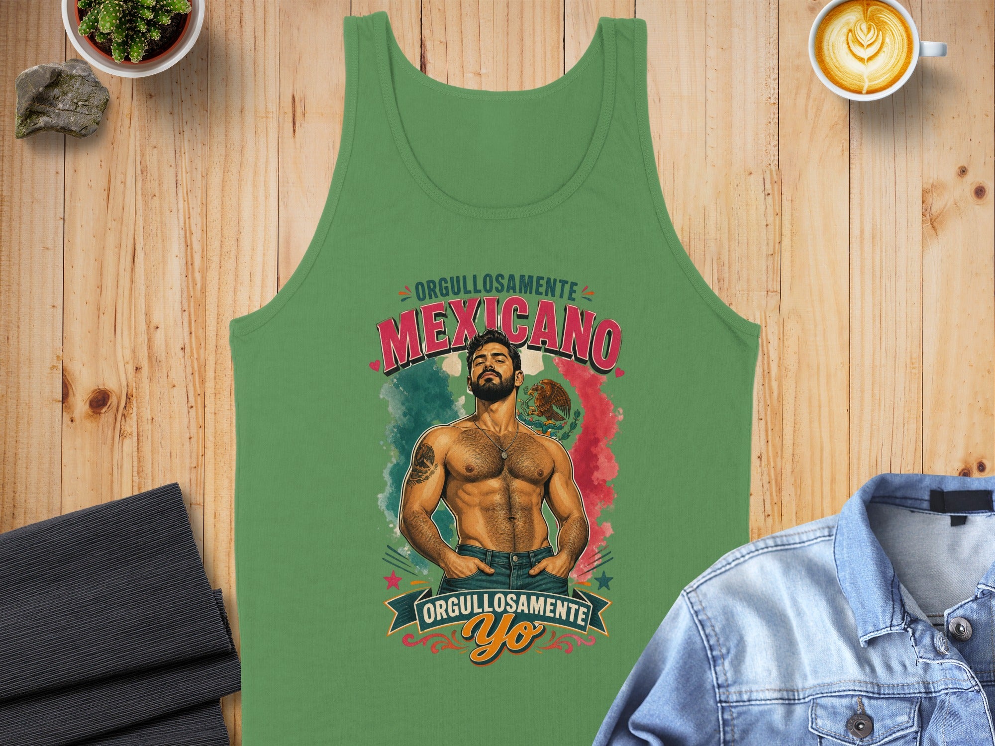 Green tank top with "Orgullosamente Mexicano" and a muscular man graphic.