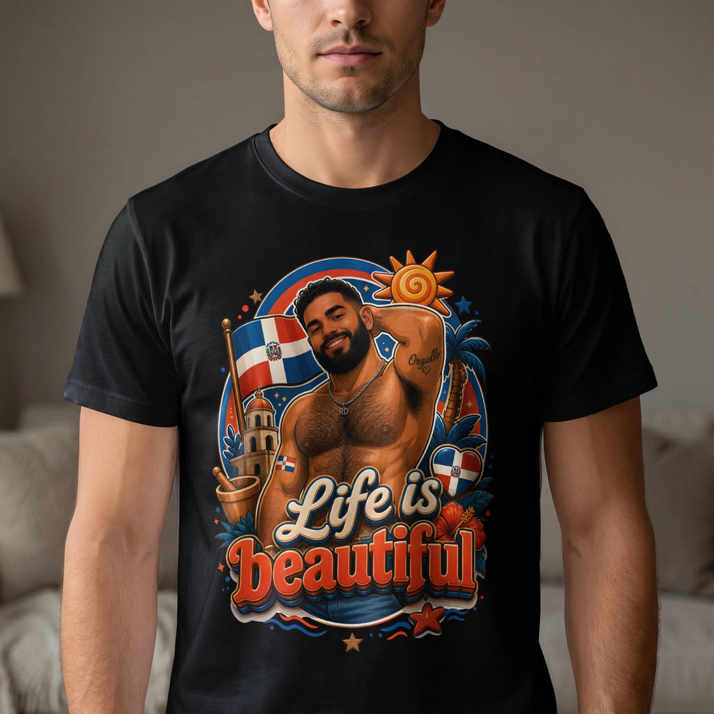 Dominican man with "Life is beautiful" text and Dominican flag elements.