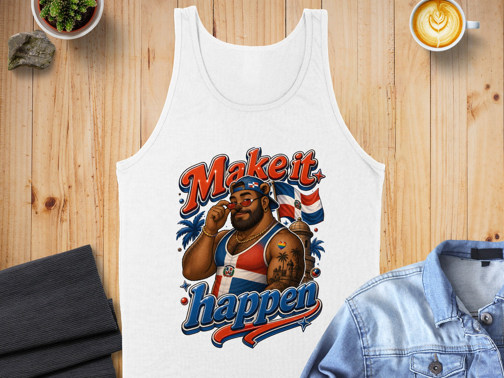 White tank top with "Make it happen" and Dominican Republic flag graphic.