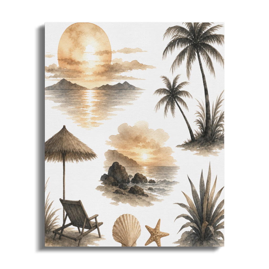 Watercolor beach elements including palm trees, lounge chair, umbrella, and seashells at sunset.