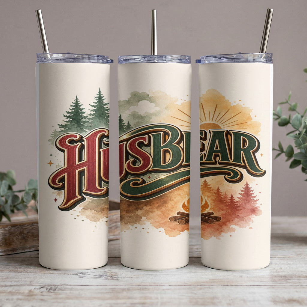 "His Bear" tumbler with woodland and campfire design