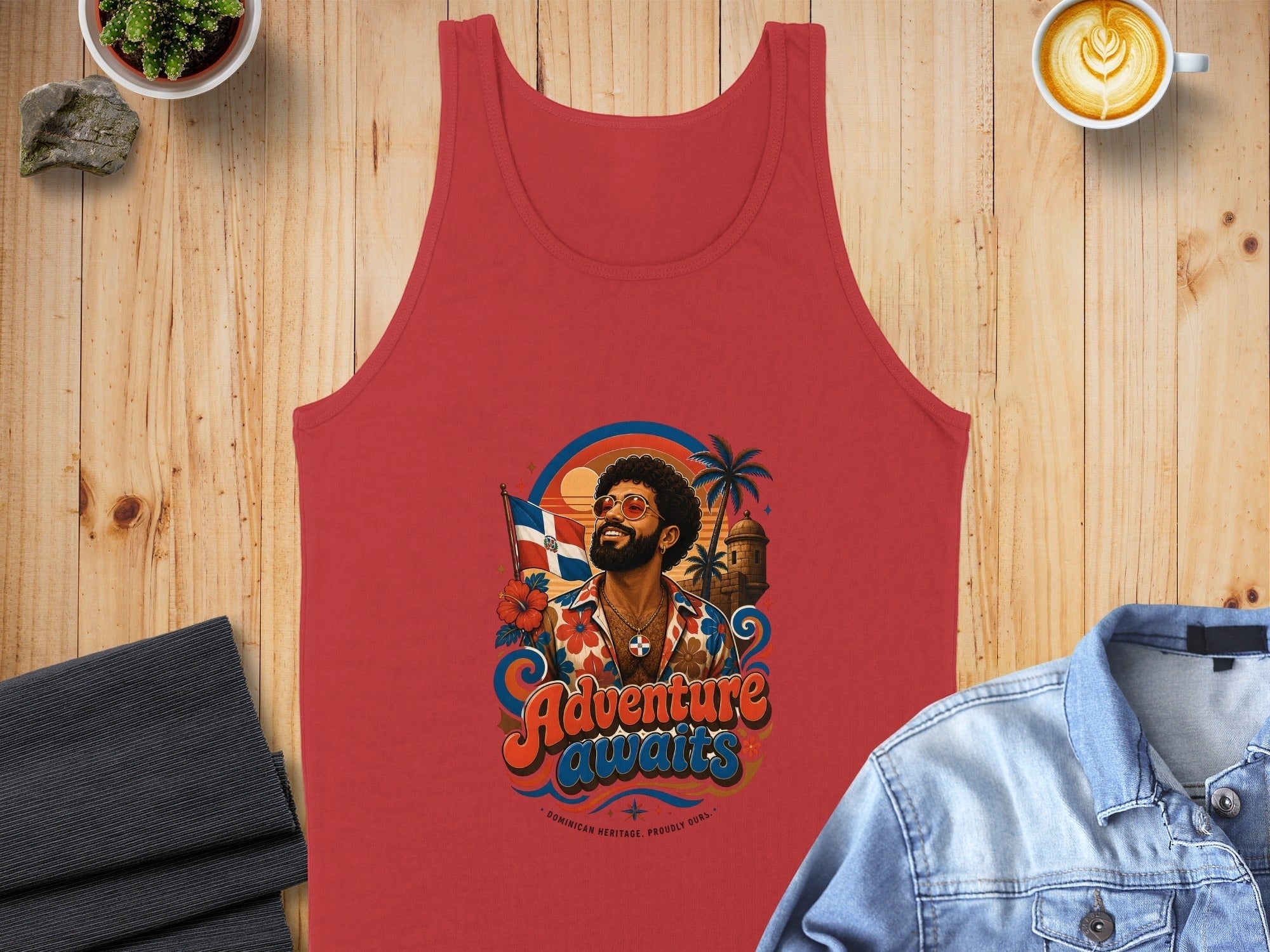 Red tank top with "Adventure Awaits" text and a man wearing sunglasses.