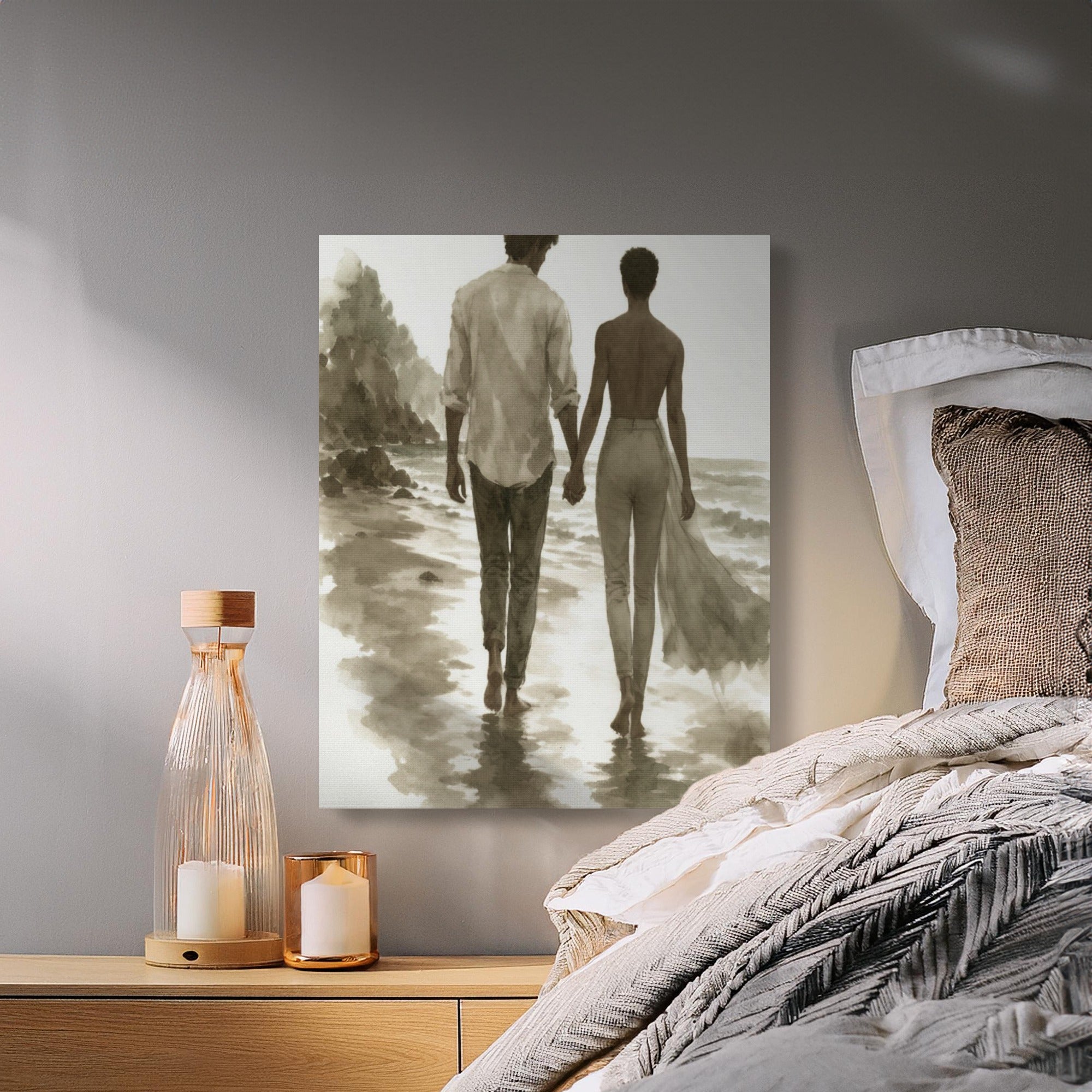 Couple walking hand-in-hand on a beach, watercolor style.