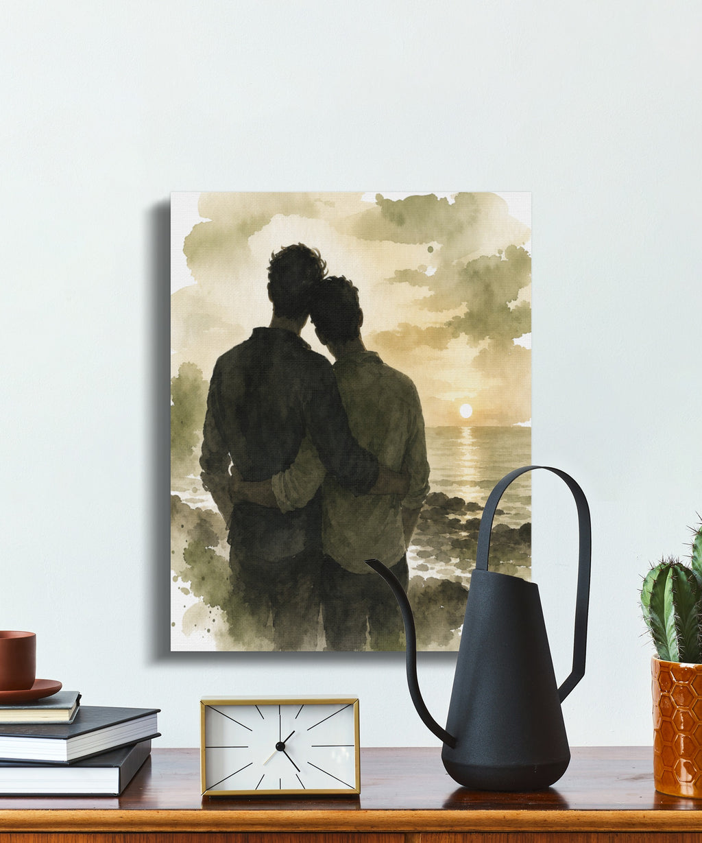 Watercolor painting of a couple embracing by the sea at sunset.