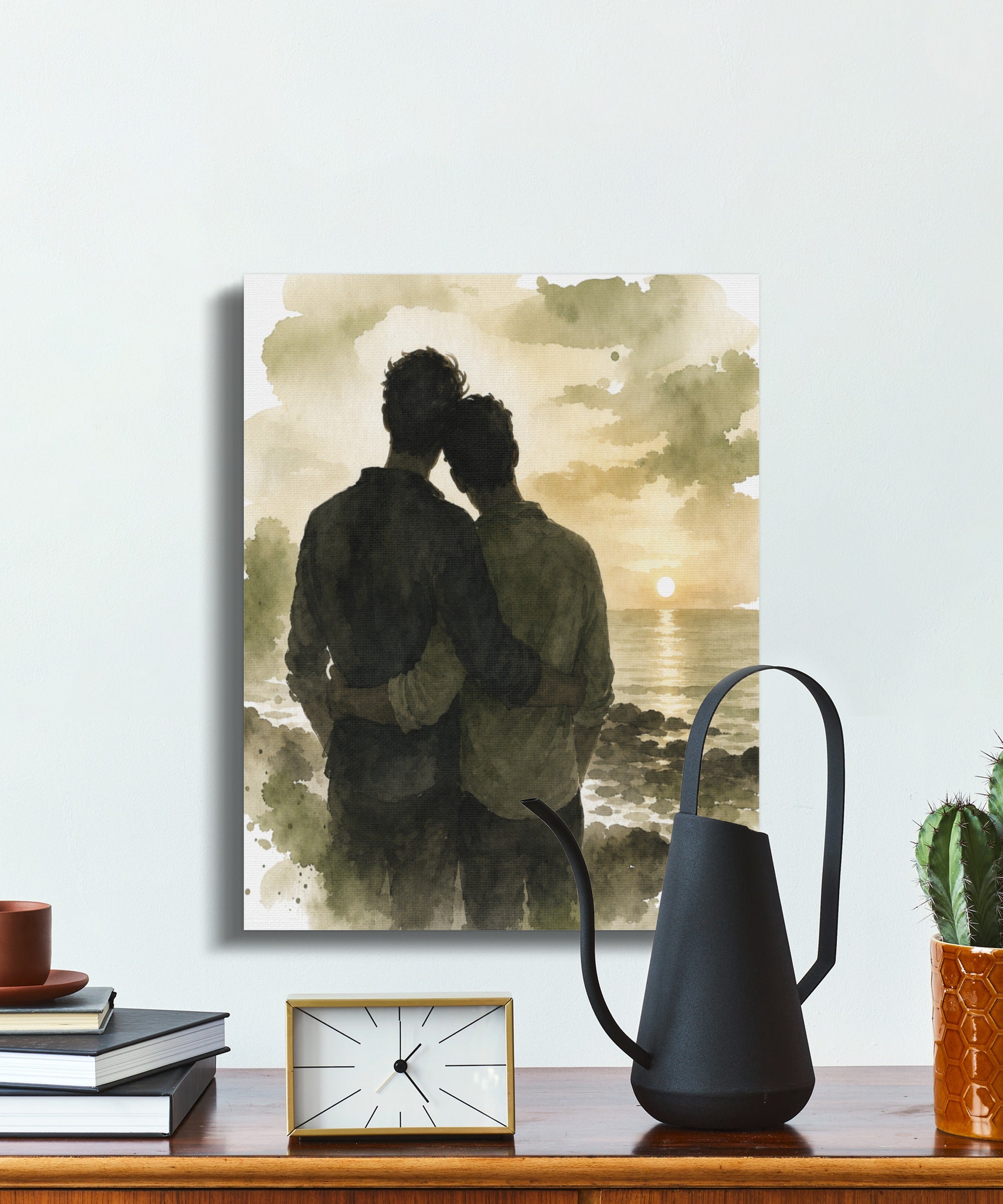Watercolor painting of a couple embracing by the sea at sunset.