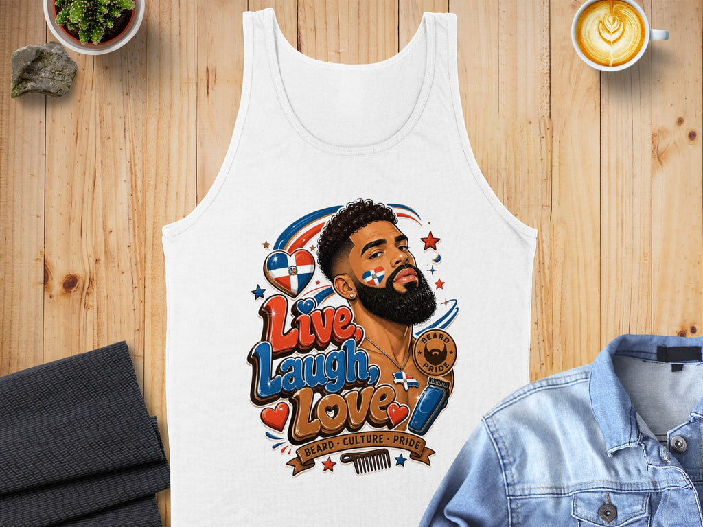 White tank top with "Live Laugh Love" and a bearded man with flag.