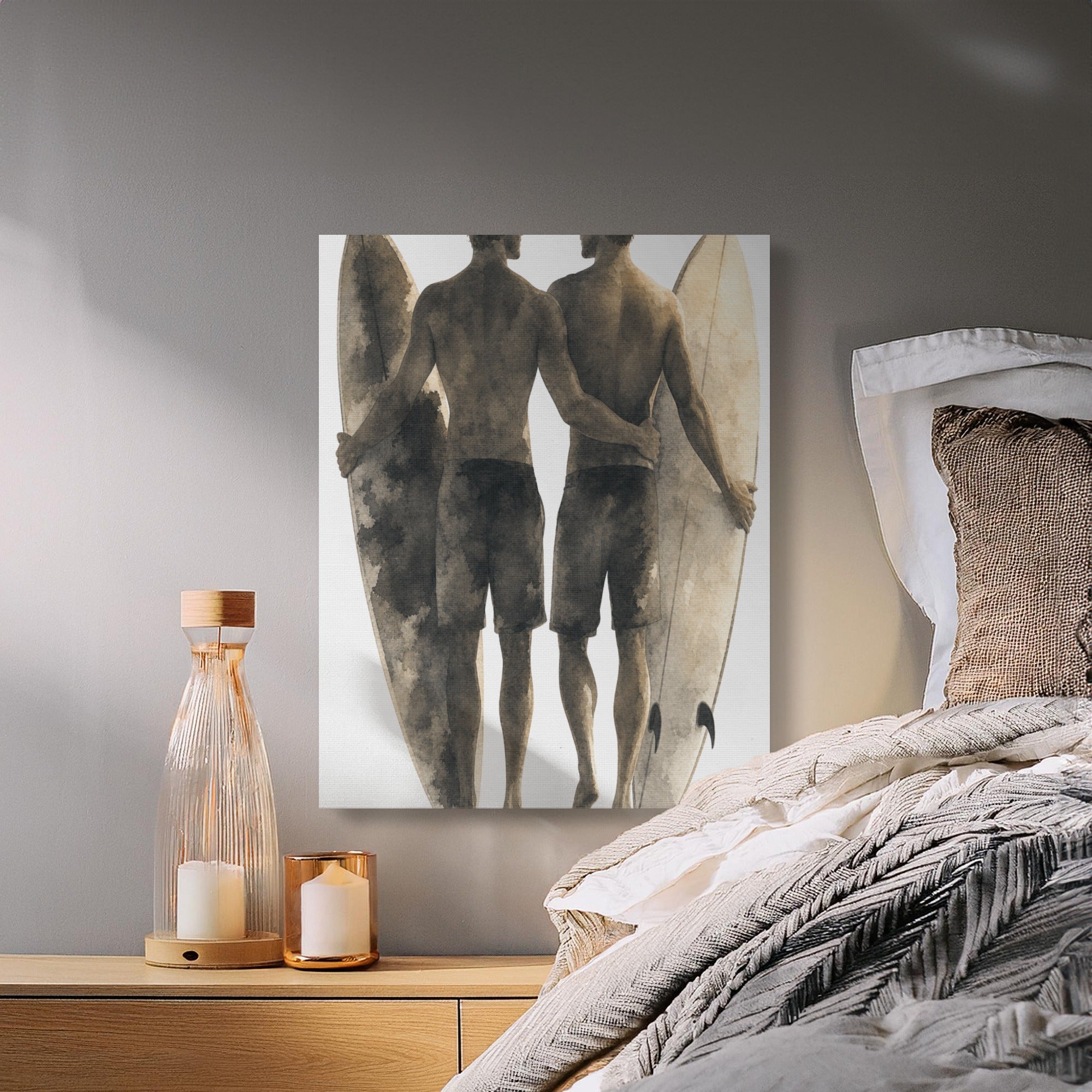 Two men with surfboards depicted in a watercolor painting above a bed.