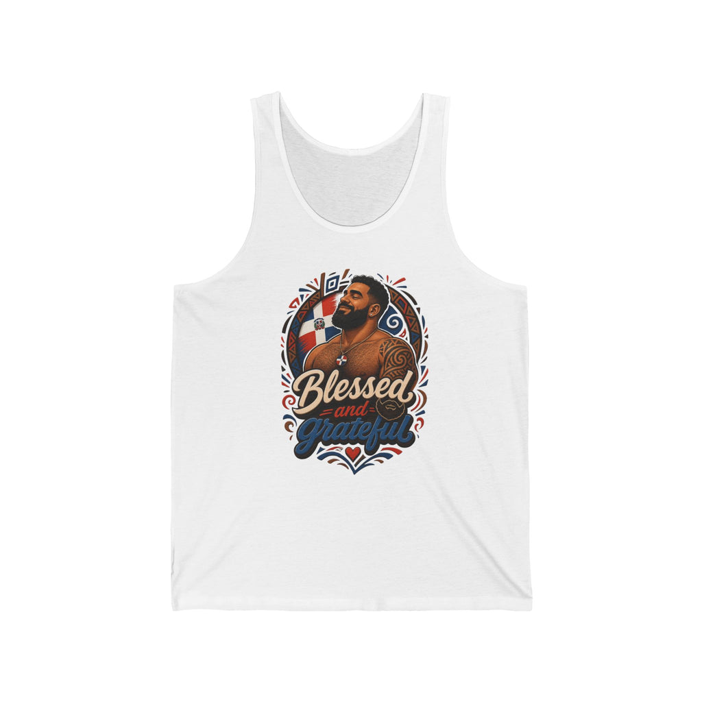 Tank top with "Blessed and Grateful" text and man's portrait.