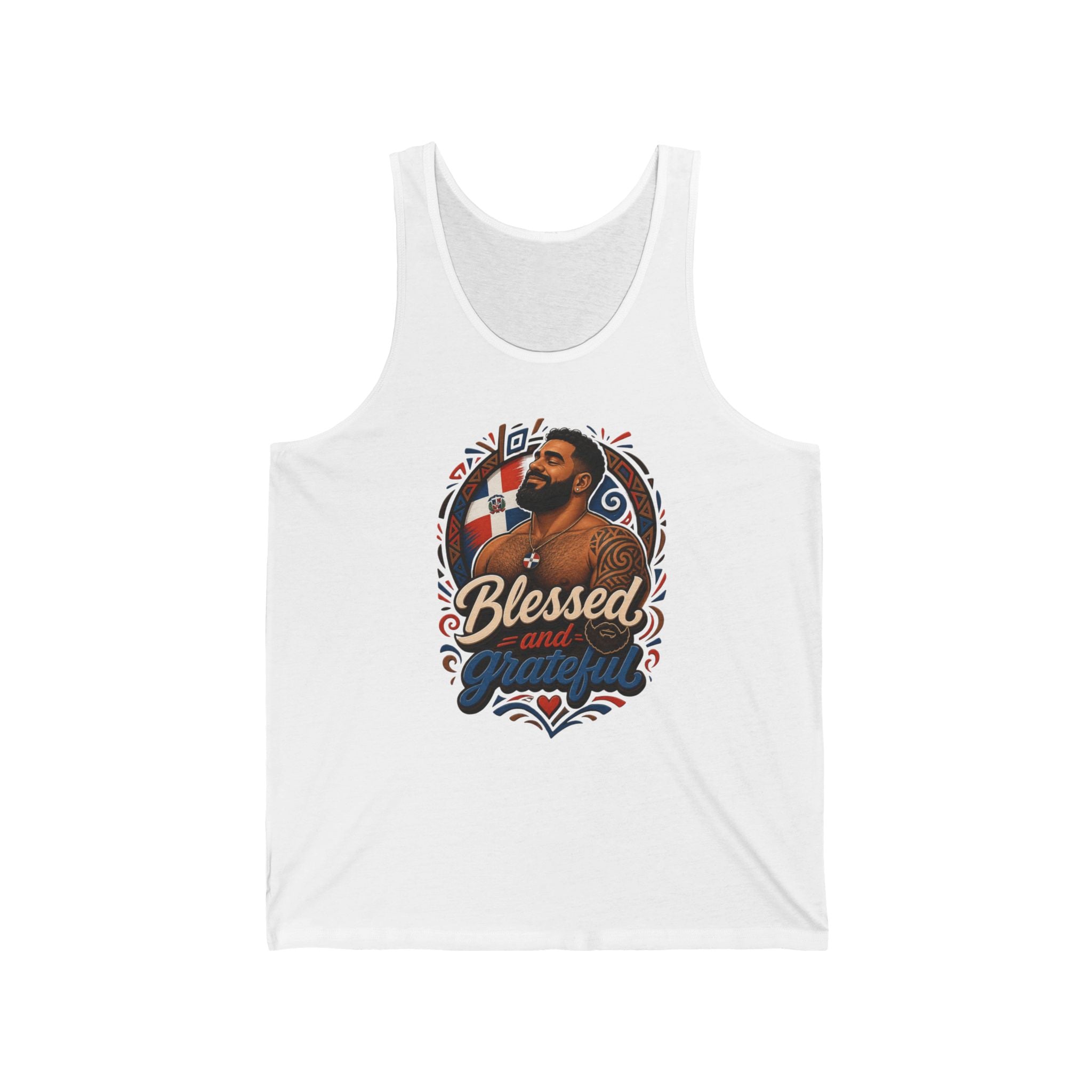 Tank top with "Blessed and Grateful" text and man's portrait.