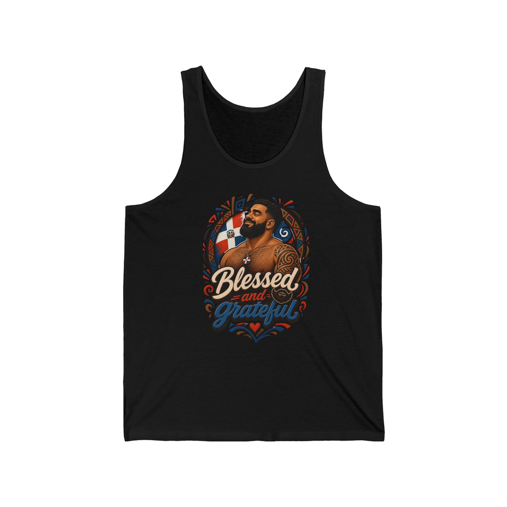 Black tank top featuring chest graphic of man with "Blessed and Grateful" text.