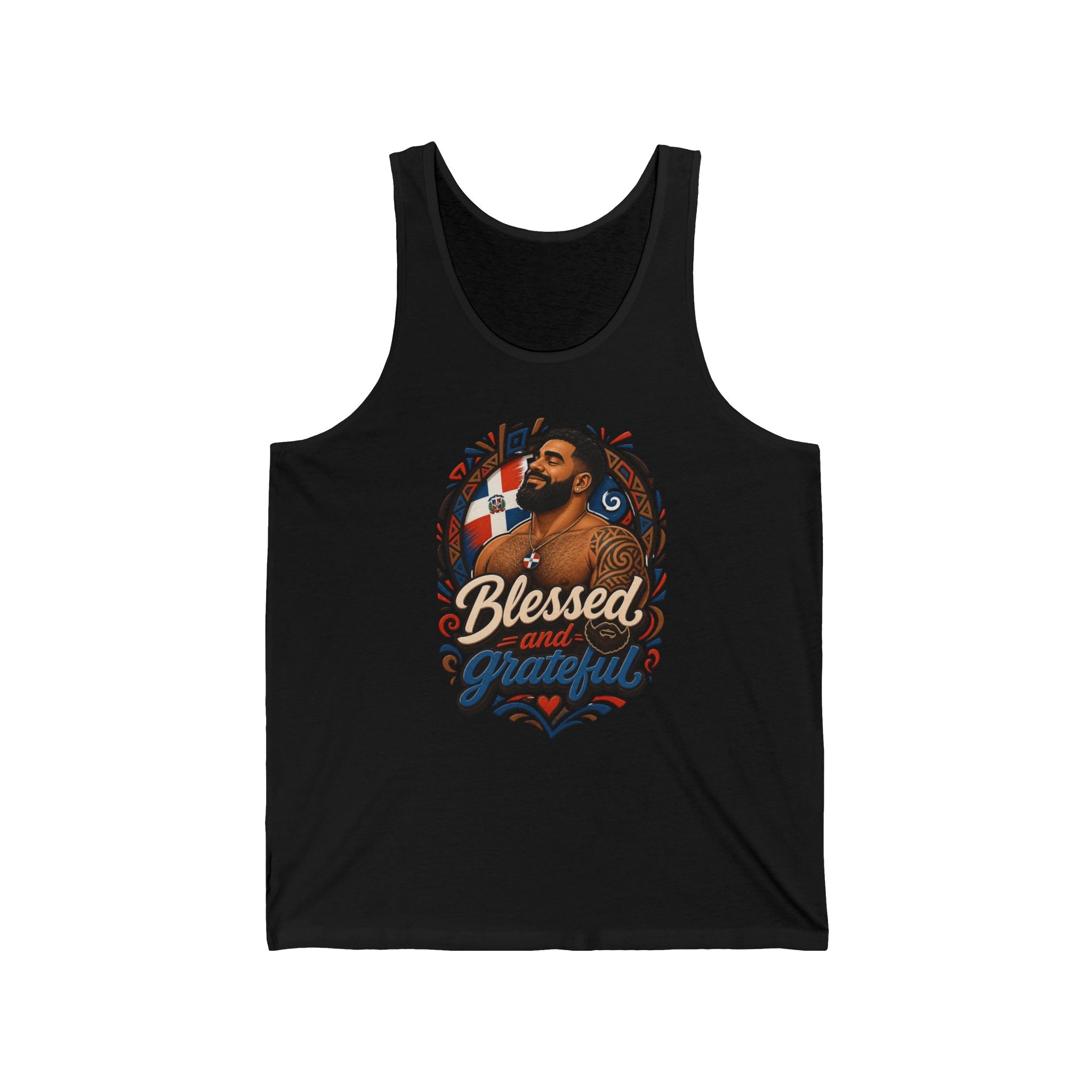 Black tank top featuring chest graphic of man with "Blessed and Grateful" text.