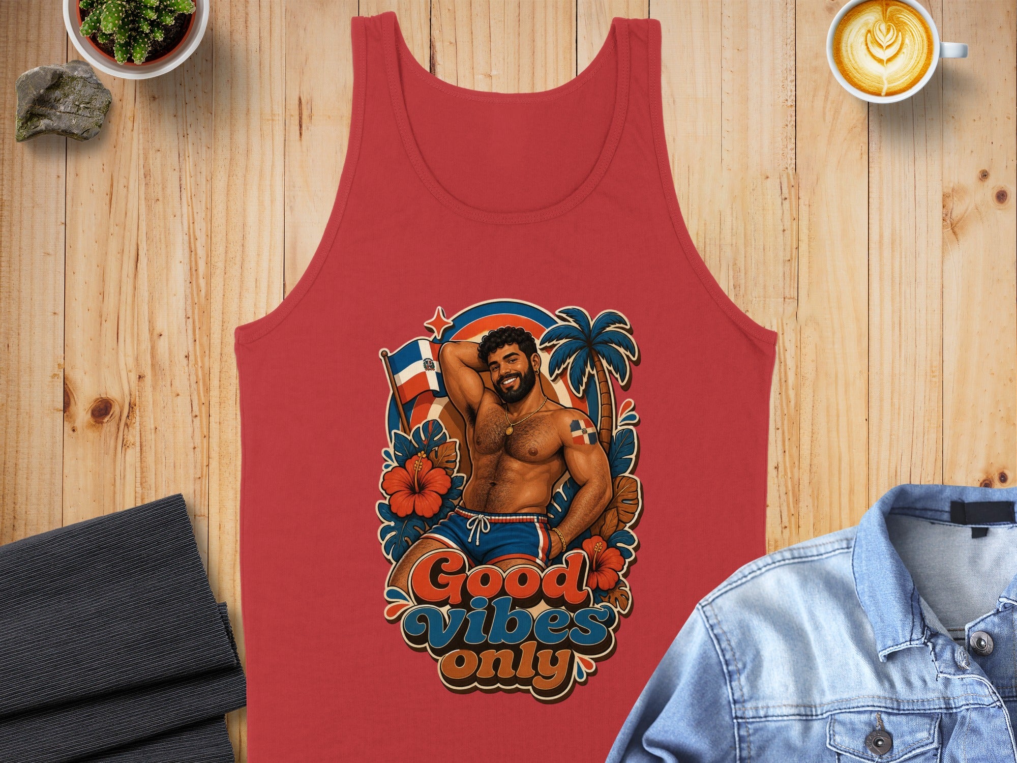 Red tank top with graphic of man and palm tree, "Good Vibes Only" text.