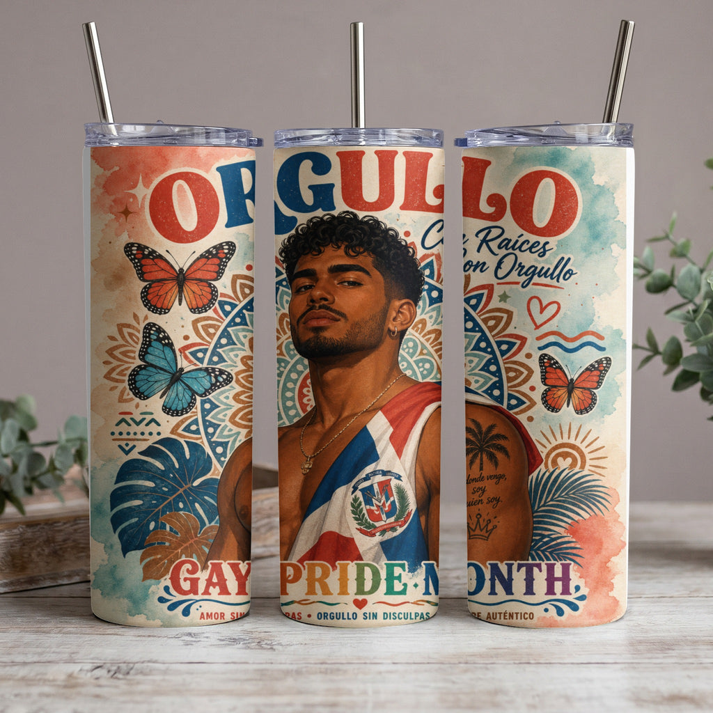 Tumbler featuring a man in flag colors with "Gay Pride Month" text.