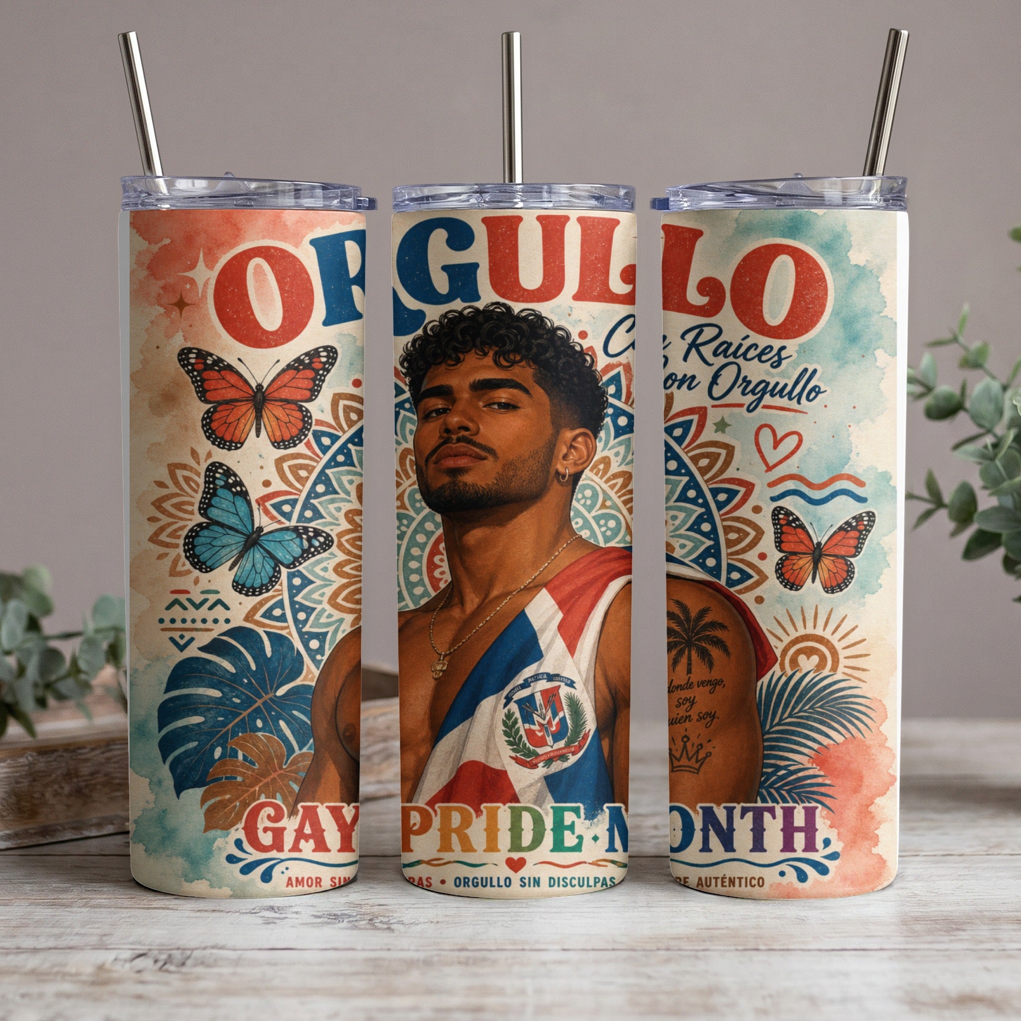 Tumbler featuring a man in flag colors with "Gay Pride Month" text.