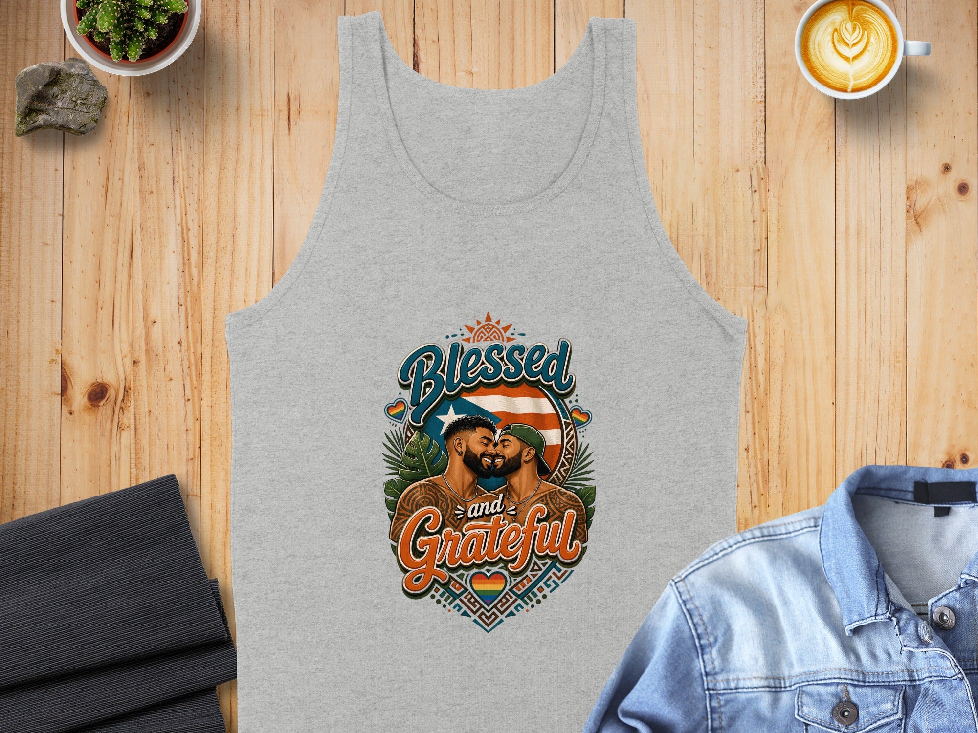 Gray tank top with "Blessed and Grateful" text and a colorful graphic of two men kissing.