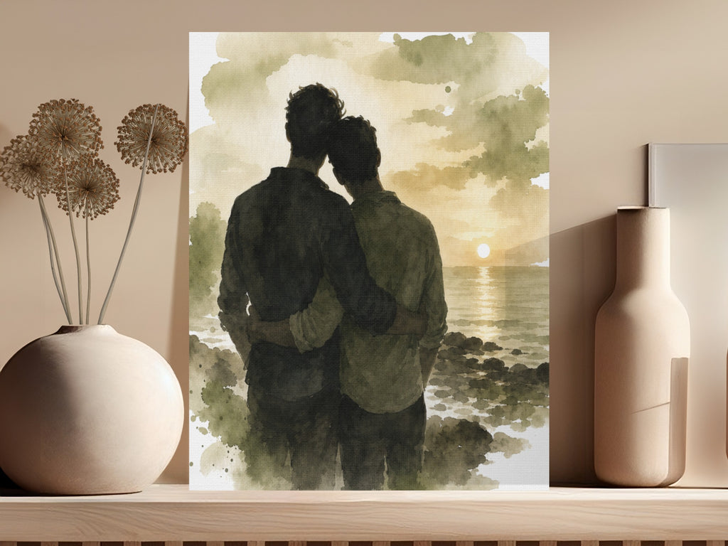 Watercolor painting of a couple embracing by the ocean at sunset.
