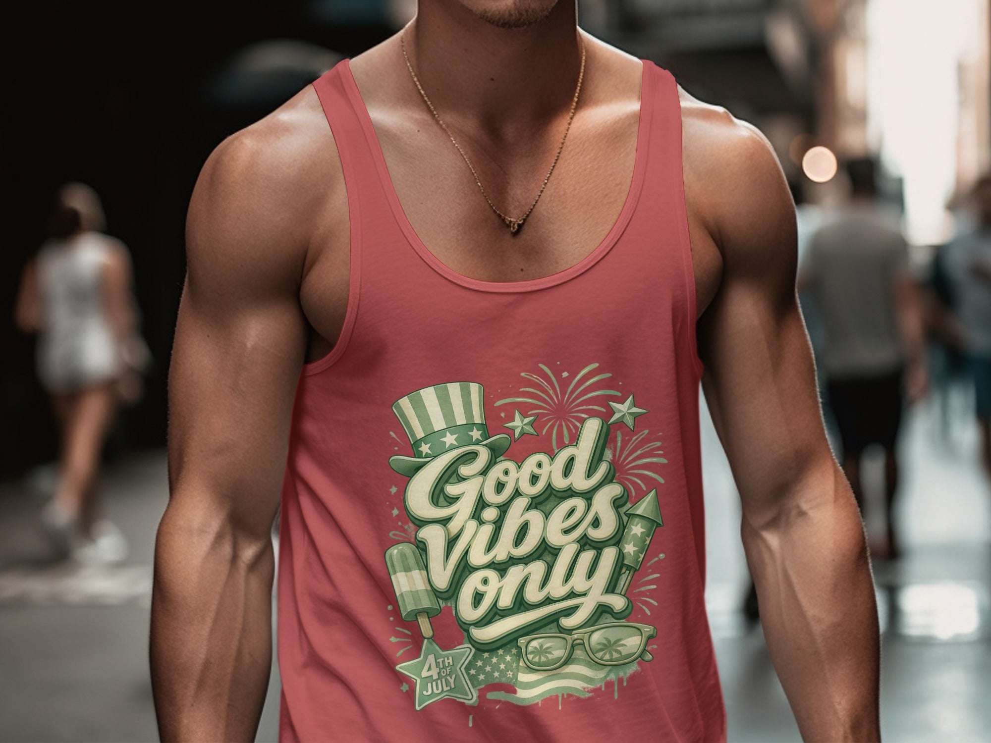 Red tank top with "Good Vibes Only" 4th of July graphic.