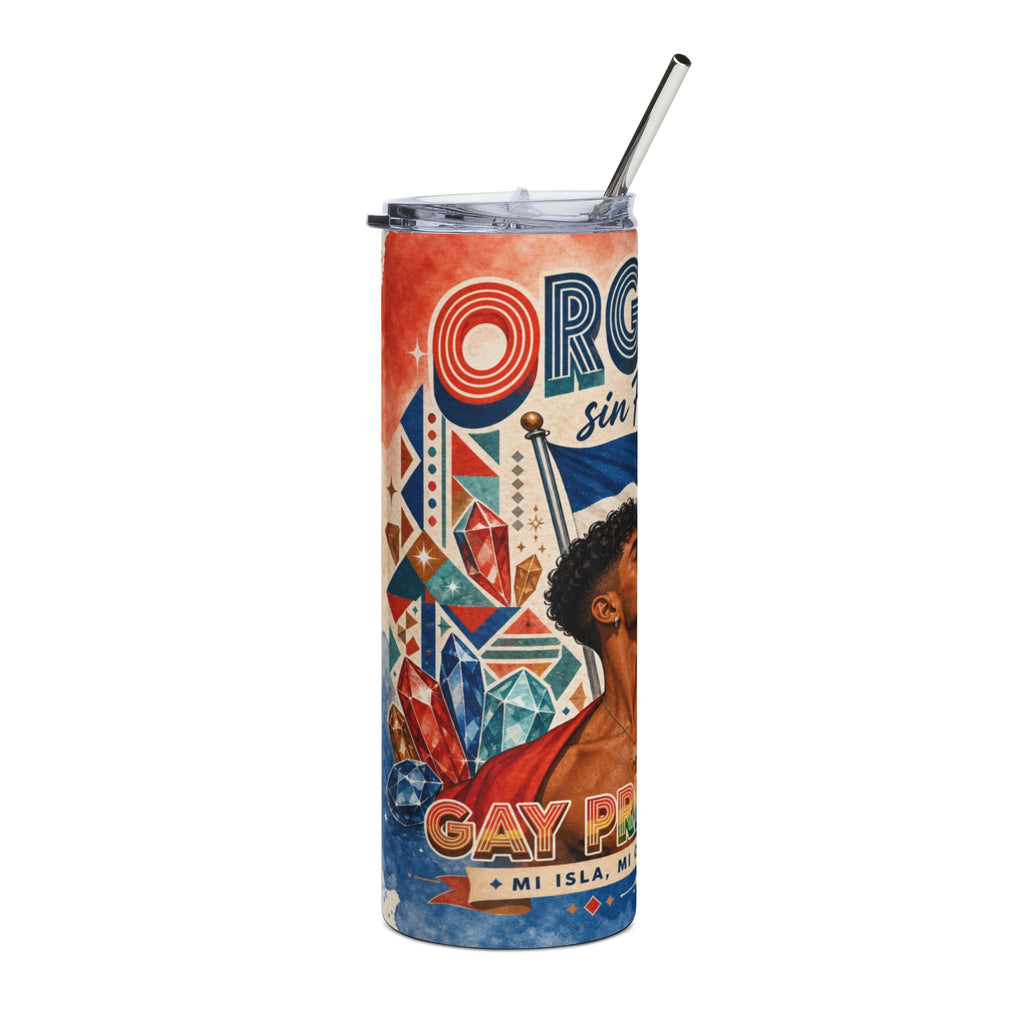 Pride flag colors, crystals, and person on a tumbler with "GAY PRIDE MI ISLAND, MI" text.