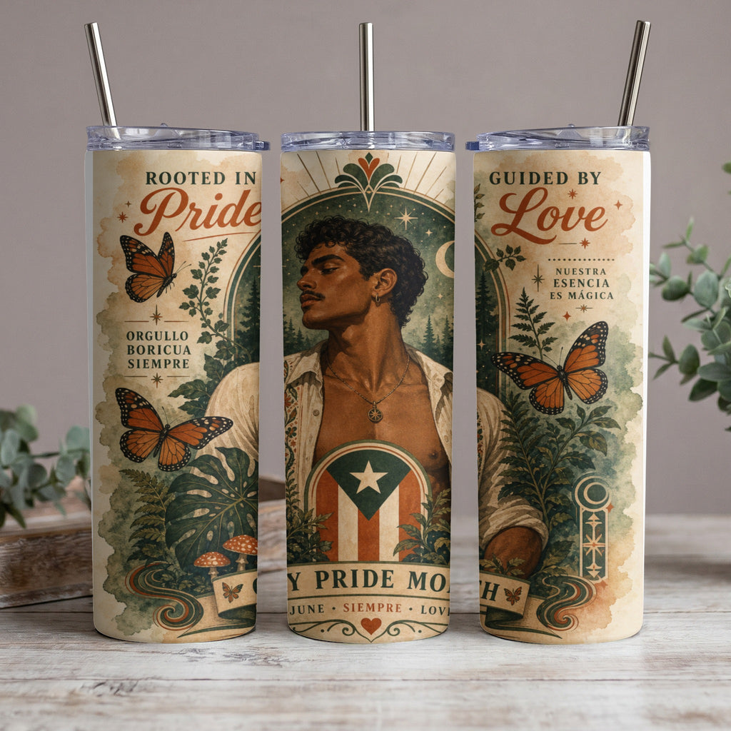 Tumbler with man, flags, butterflies, and text "Rooted in Pride" and "Guided by Love".