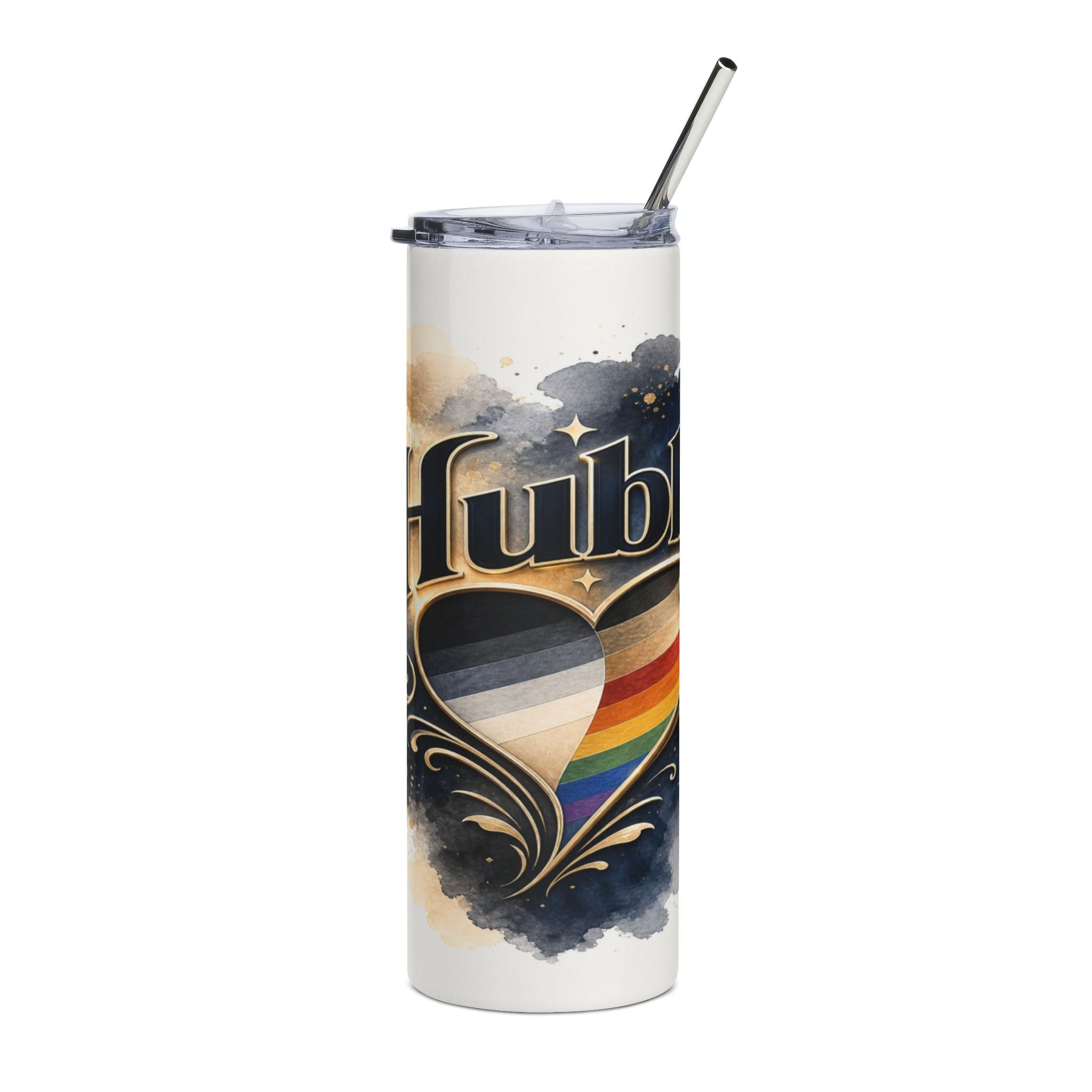 White tumbler with a watercolor design featuring the word "Hub" and a heart divided into rainbow and grayscale stripes.