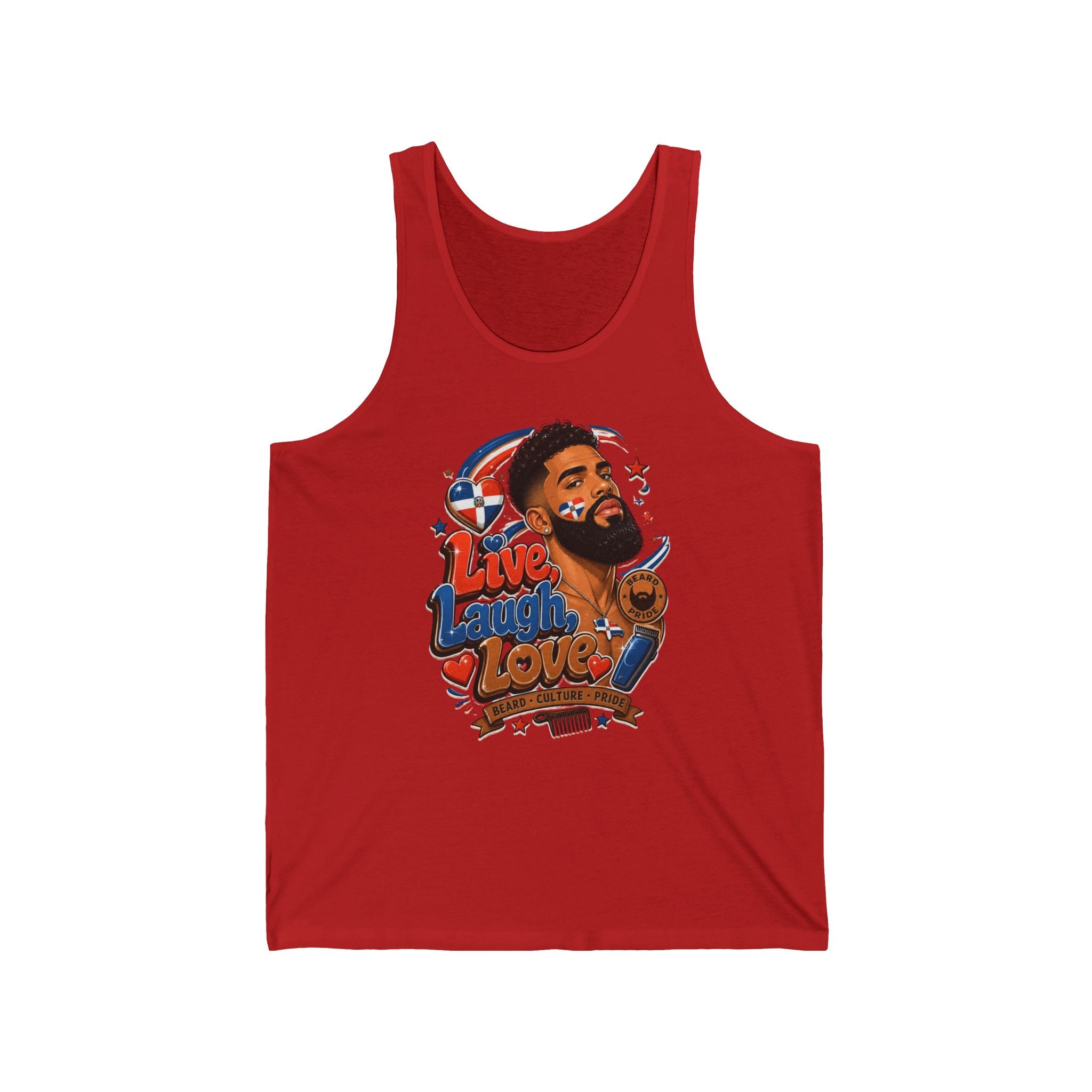 Red tank top with "Live Laugh Love" and Dominican flag motif.