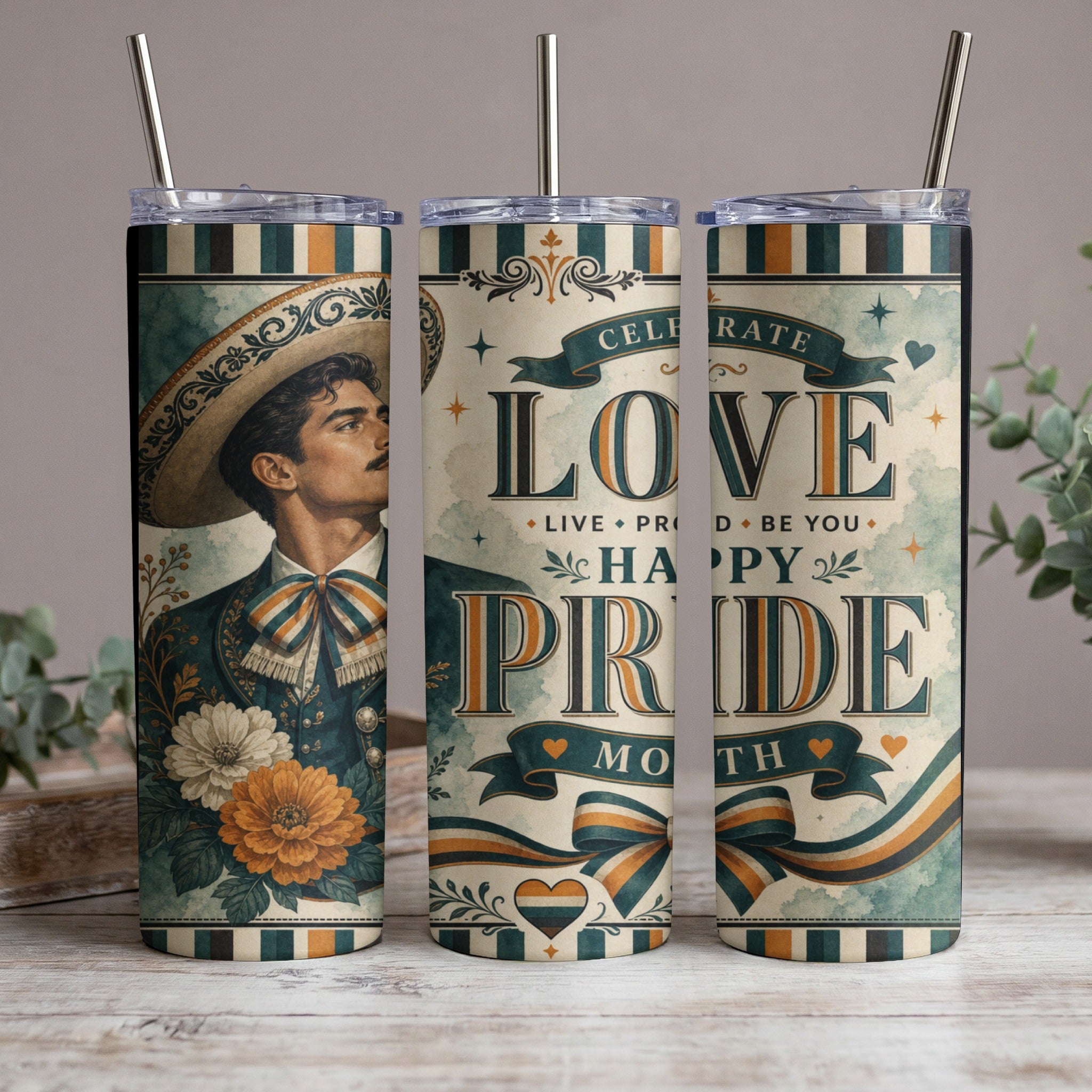 Three tumblers with a man in a charro suit and "Celebrate Love Live Proud Be You Pride Month" text.