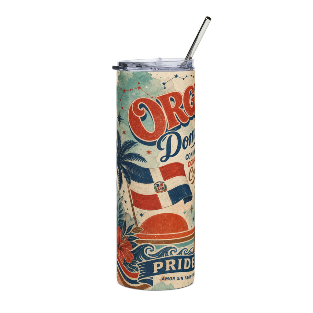Tall tumbler with Dominican Republic flag and "Orgullo" text.