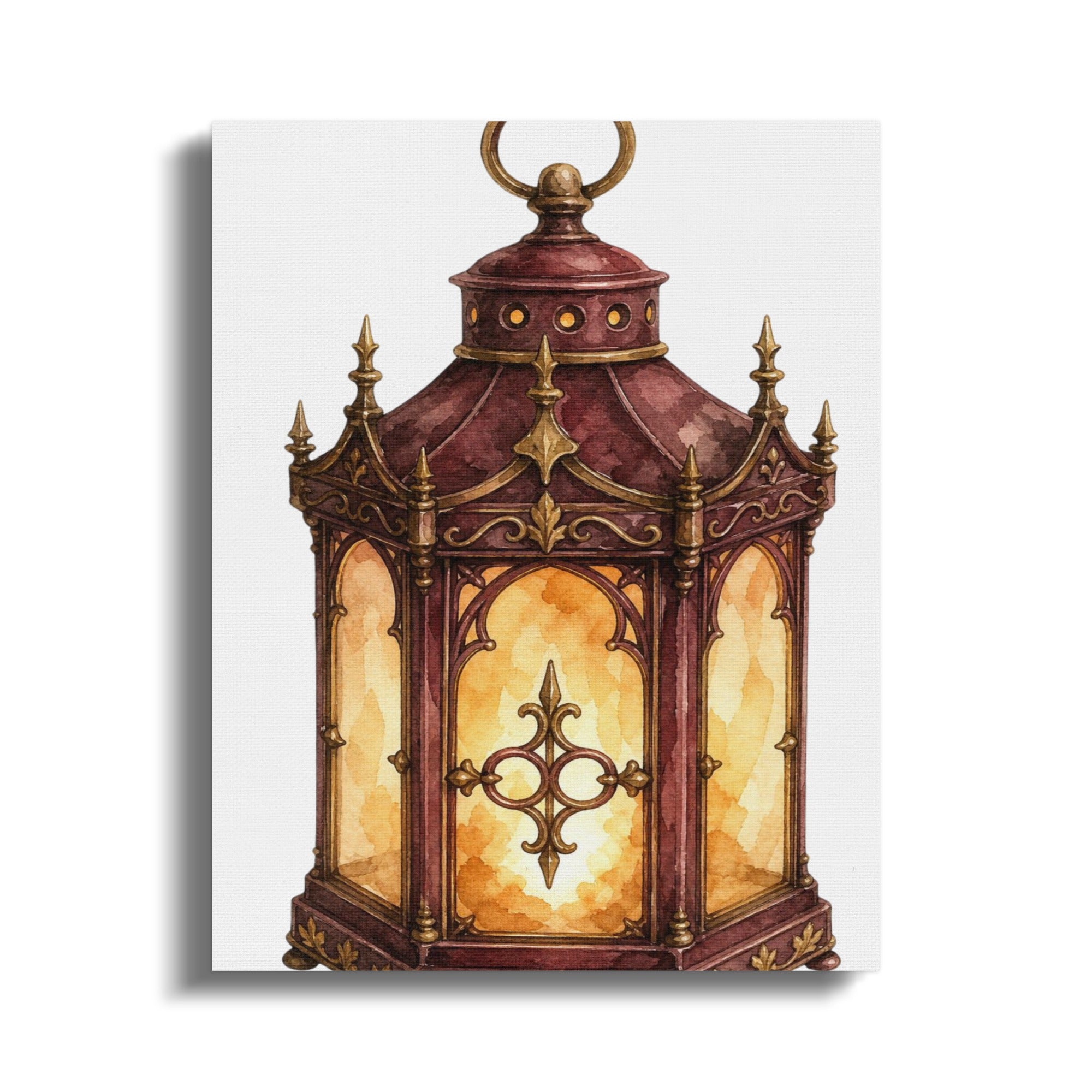 Ornate gothic-style lantern with arched windows and decorative gold accents.